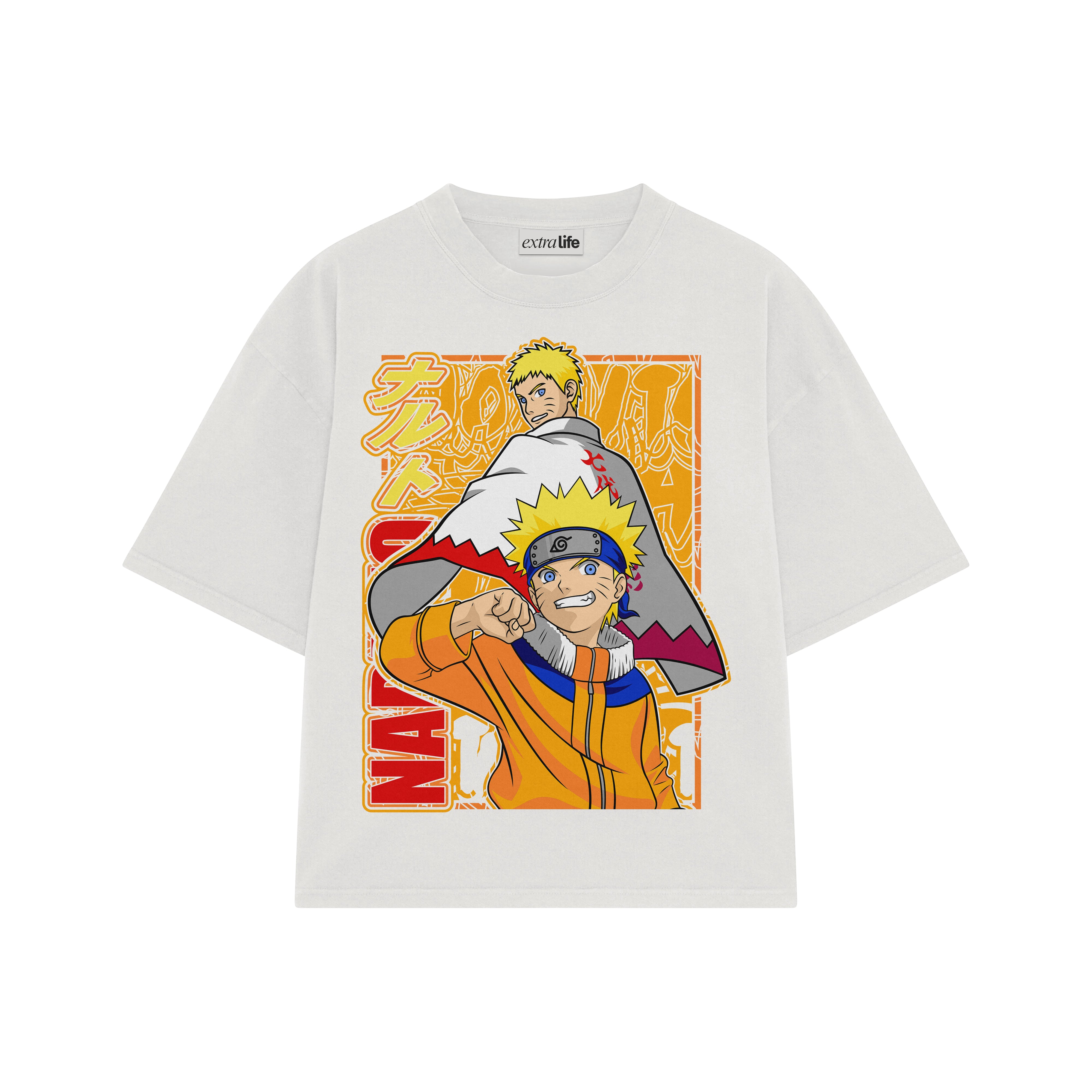 Playera streetwear premium de anime y gaming ExtraLife MX, corte boxy oversized drop shoulder heavyweight en color Deep Black y Off-White, moda urbana mexicana de culto.