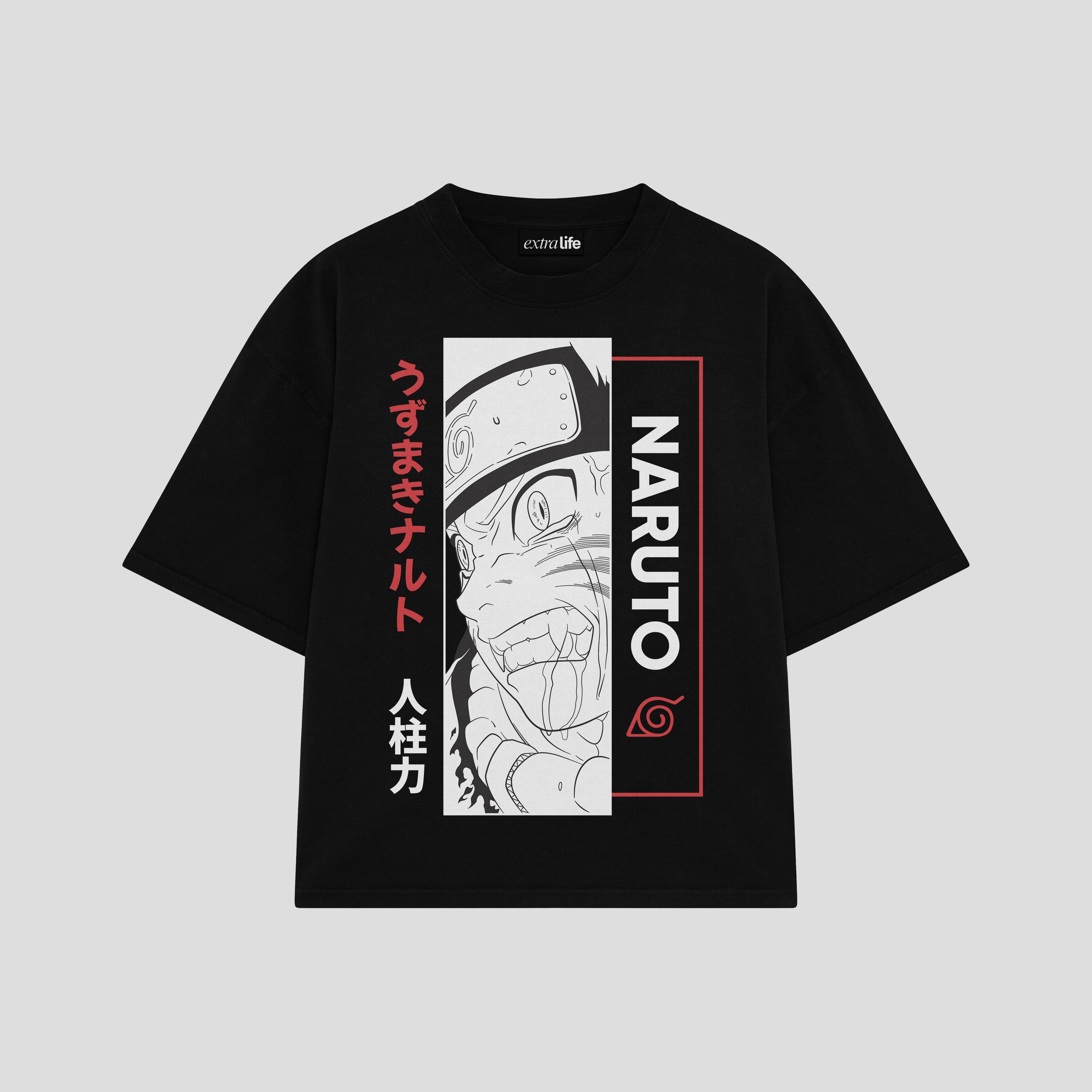 Playera streetwear premium de anime y gaming ExtraLife MX, corte boxy oversized drop shoulder heavyweight en color Deep Black y Off-White, moda urbana mexicana de culto.