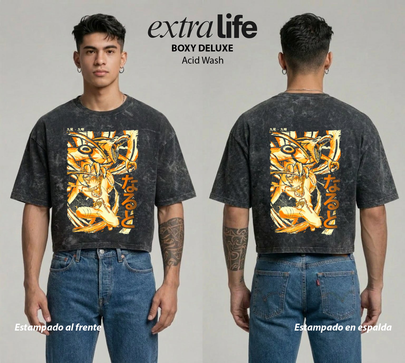Playera streetwear premium de anime y gaming ExtraLife MX, corte boxy deluxe mineral wash heavyweight en color Acid Wash, moda urbana mexicana de culto.