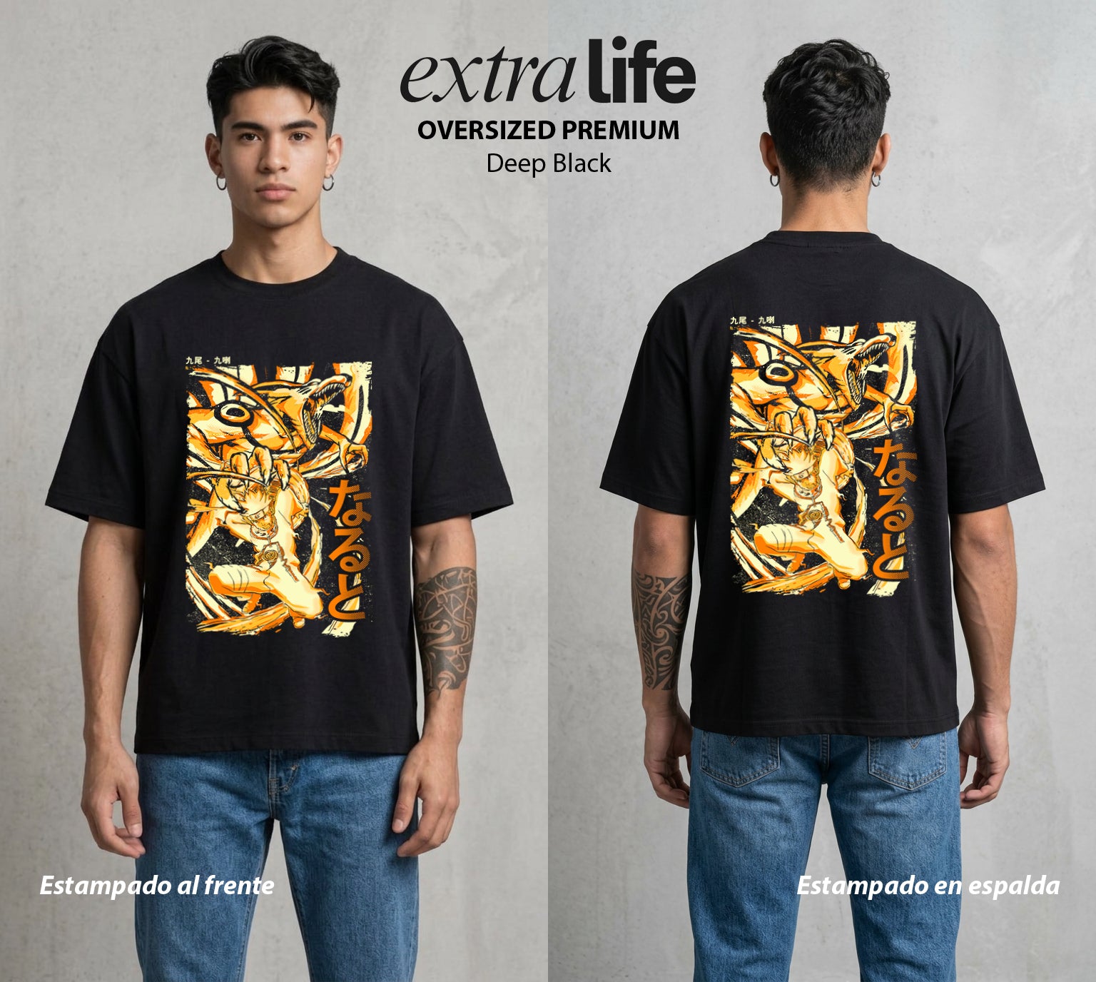 La Aldea Oculta | Zorro de Nueve Colas #02722 - Playera Oversized Premium | Deep Black - Foto en modelo