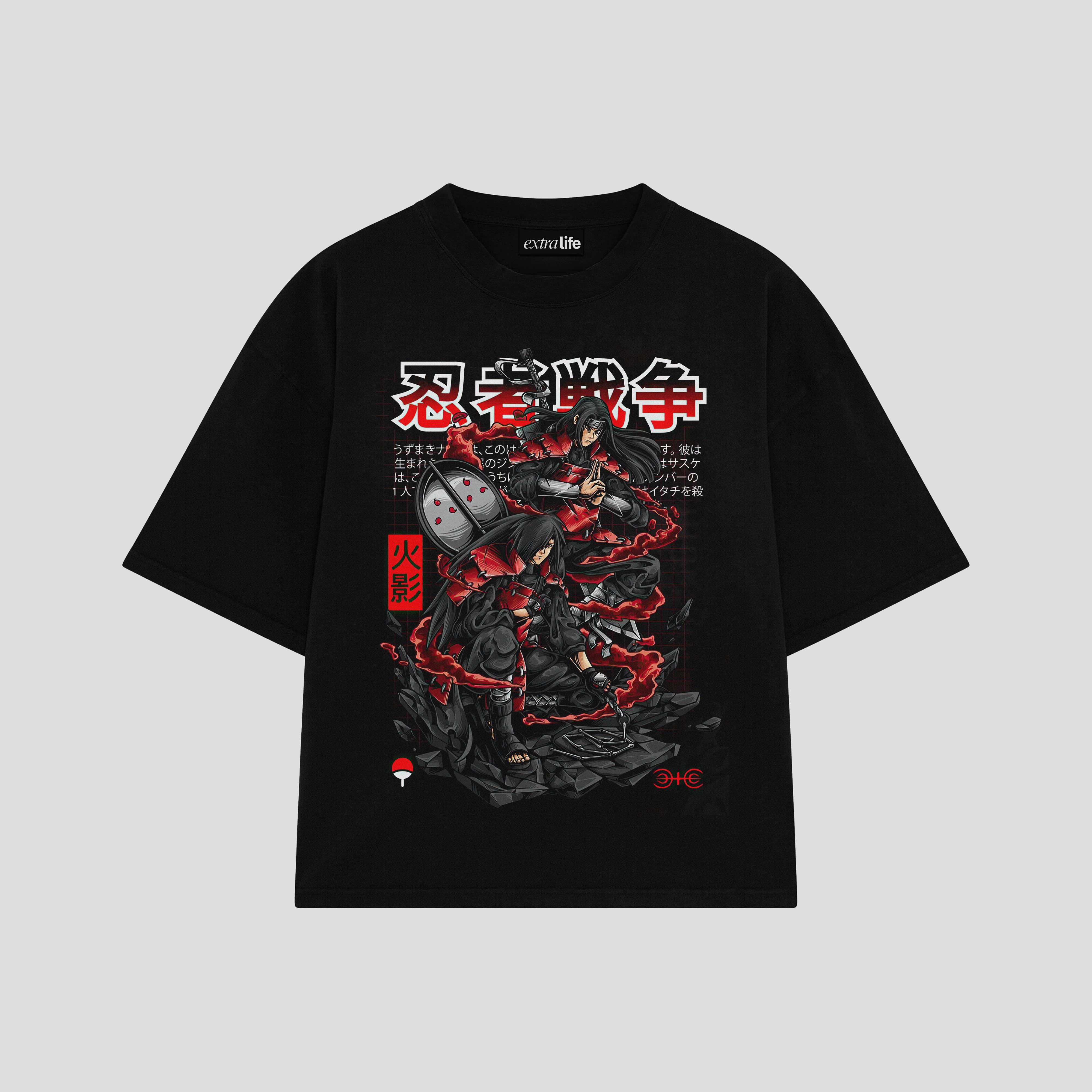 Playera streetwear premium de anime y gaming ExtraLife MX, corte boxy oversized drop shoulder heavyweight en color Deep Black y Off-White, moda urbana mexicana de culto.