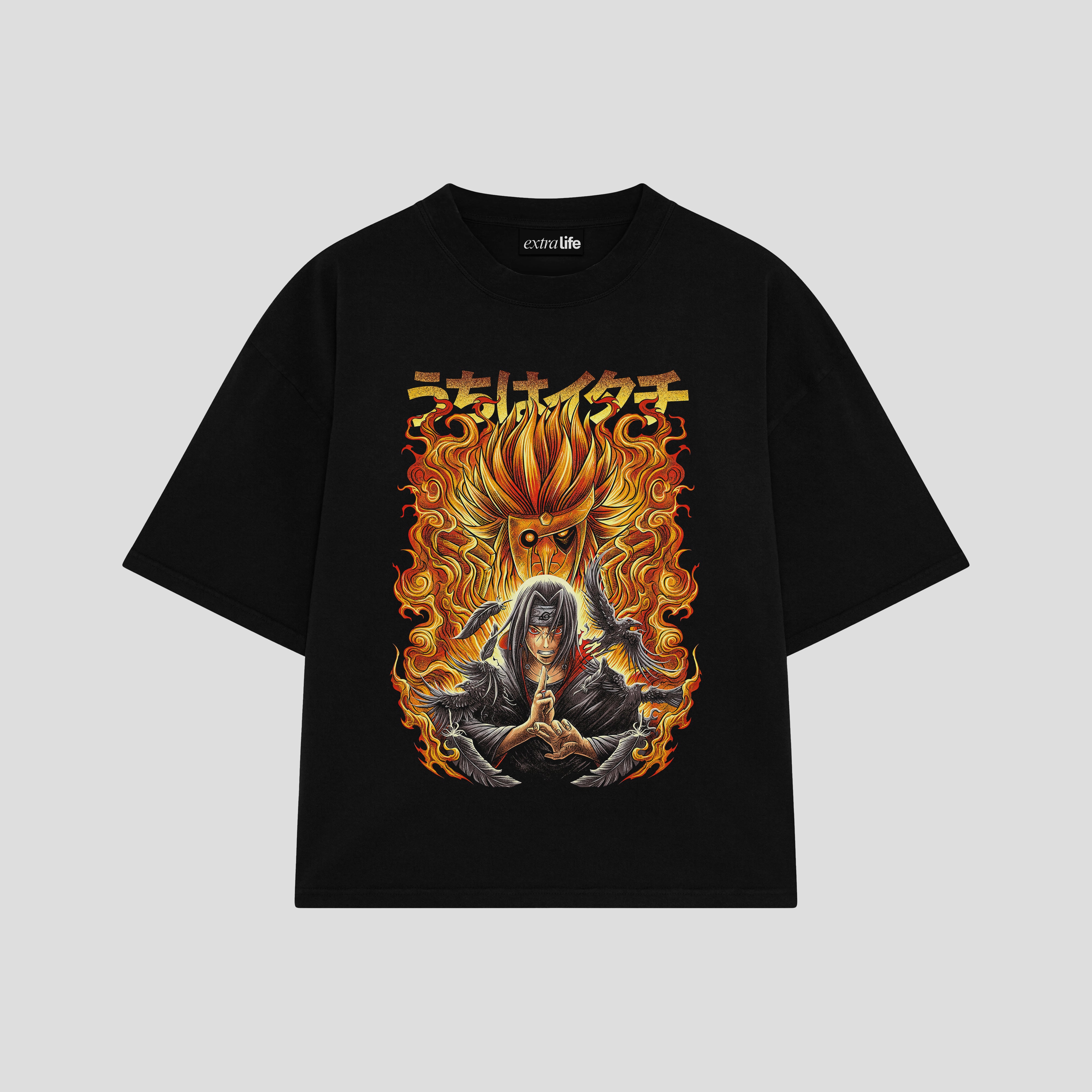 Playera streetwear premium de anime y gaming ExtraLife MX, corte boxy oversized drop shoulder heavyweight en color Deep Black y Off-White, moda urbana mexicana de culto.