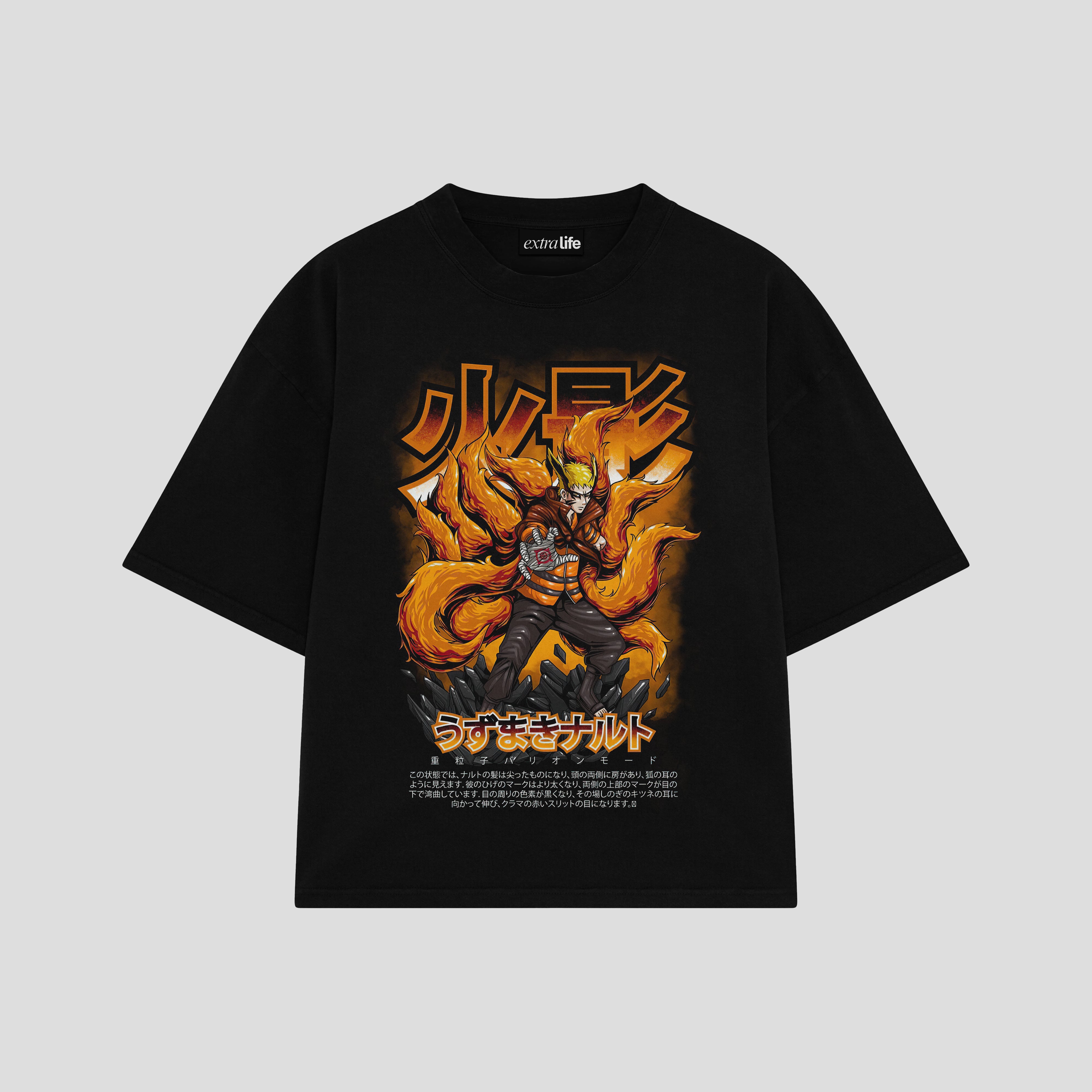 Playera streetwear premium de anime y gaming ExtraLife MX, corte boxy oversized drop shoulder heavyweight en color Deep Black y Off-White, moda urbana mexicana de culto.
