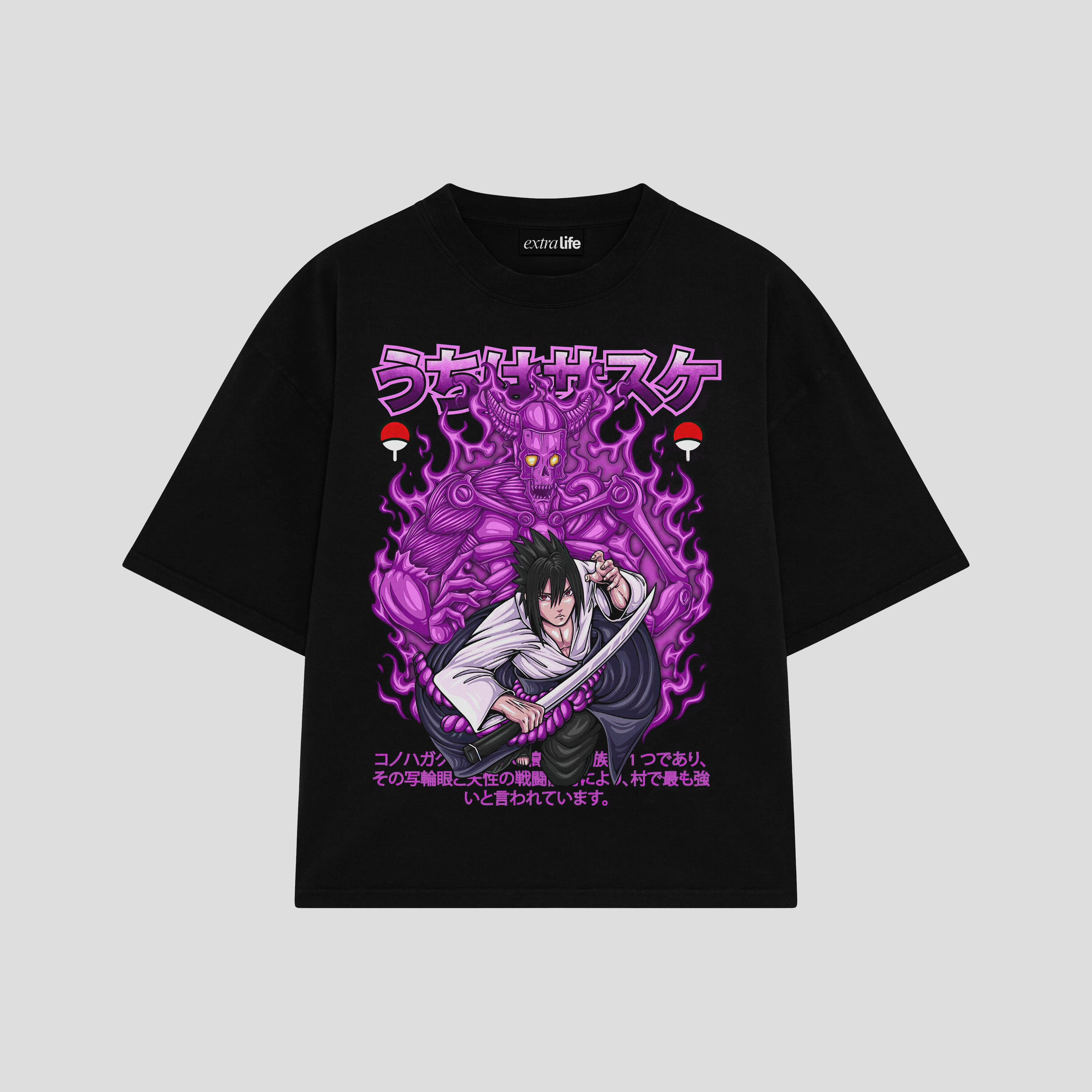 Playera streetwear premium de anime y gaming ExtraLife MX, corte boxy oversized drop shoulder heavyweight en color Deep Black y Off-White, moda urbana mexicana de culto.