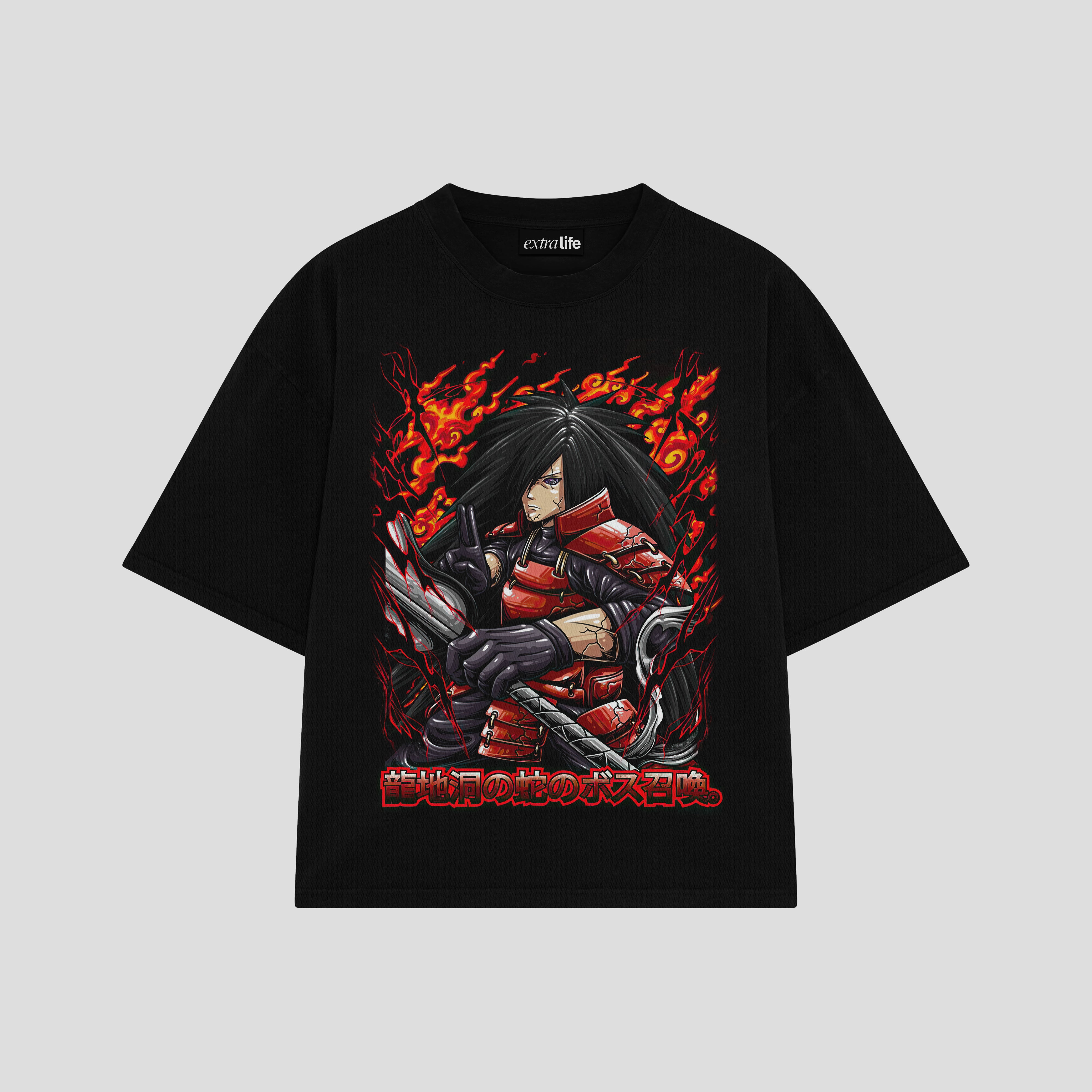 Playera streetwear premium de anime y gaming ExtraLife MX, corte boxy oversized drop shoulder heavyweight en color Deep Black y Off-White, moda urbana mexicana de culto.