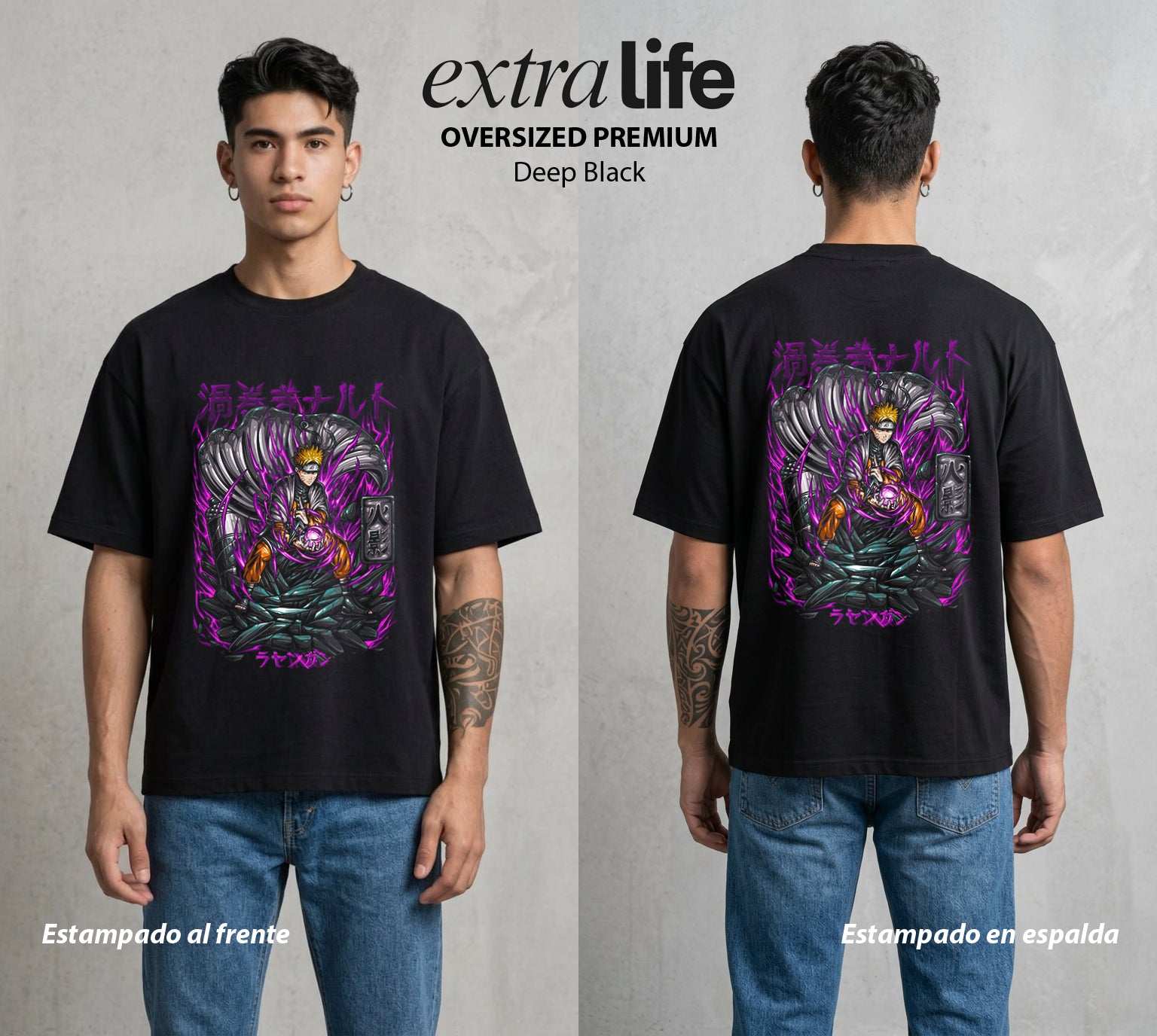 La Aldea Oculta | Zorro de Nueve Colas #02733 - Playera Oversized Premium | Deep Black - Foto en modelo