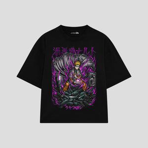 Playera streetwear premium de anime y gaming ExtraLife MX, corte boxy oversized drop shoulder heavyweight en color Deep Black y Off-White, moda urbana mexicana de culto.