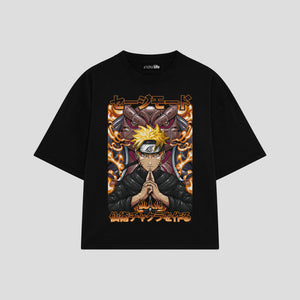 Playera streetwear premium de anime y gaming ExtraLife MX, corte boxy oversized drop shoulder heavyweight en color Deep Black y Off-White, moda urbana mexicana de culto.
