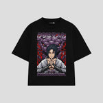 Playera streetwear premium de anime y gaming ExtraLife MX, corte boxy oversized drop shoulder heavyweight en color Deep Black y Off-White, moda urbana mexicana de culto.
