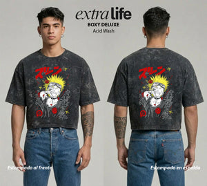 Playera streetwear premium de anime y gaming ExtraLife MX, corte boxy deluxe mineral wash heavyweight en color Acid Wash, moda urbana mexicana de culto.