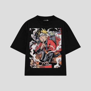 Playera streetwear premium de anime y gaming ExtraLife MX, corte boxy oversized drop shoulder heavyweight en color Deep Black y Off-White, moda urbana mexicana de culto.