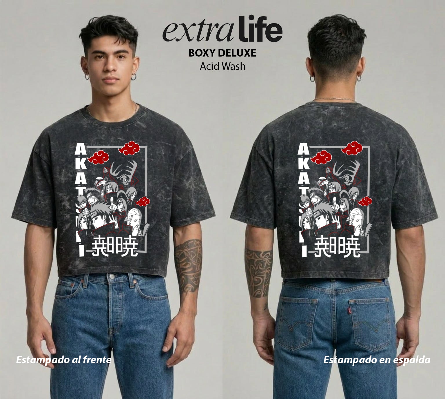 Playera streetwear premium de anime y gaming ExtraLife MX, corte boxy deluxe mineral wash heavyweight en color Acid Wash, moda urbana mexicana de culto.