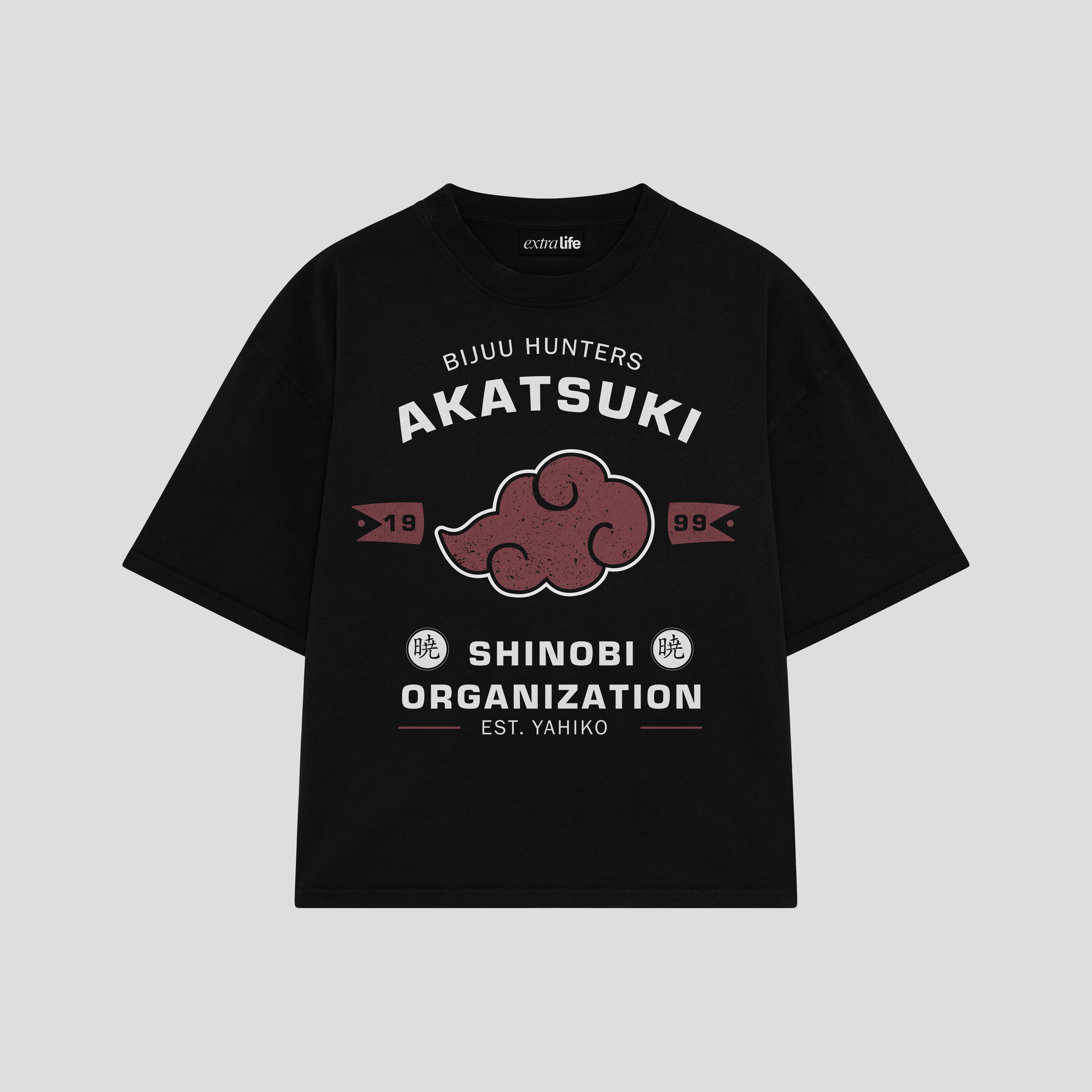 Playera streetwear premium de anime y gaming ExtraLife MX, corte boxy oversized drop shoulder heavyweight en color Deep Black y Off-White, moda urbana mexicana de culto.