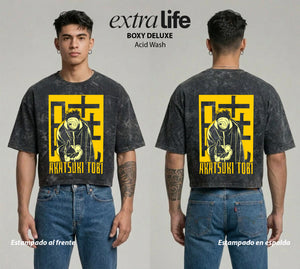 Playera streetwear premium de anime y gaming ExtraLife MX, corte boxy deluxe mineral wash heavyweight en color Acid Wash, moda urbana mexicana de culto.