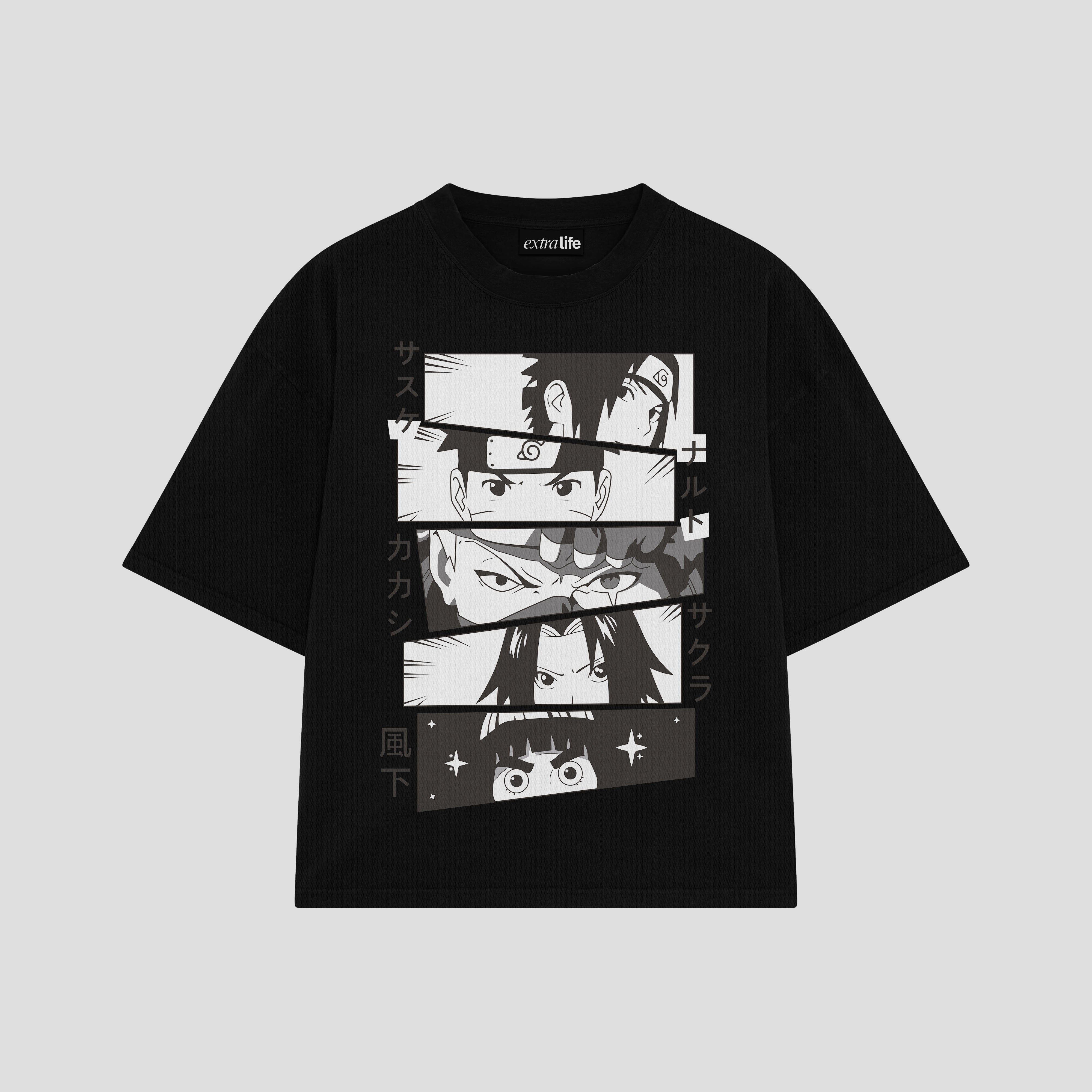 Playera streetwear premium de anime y gaming ExtraLife MX, corte boxy oversized drop shoulder heavyweight en color Deep Black y Off-White, moda urbana mexicana de culto.