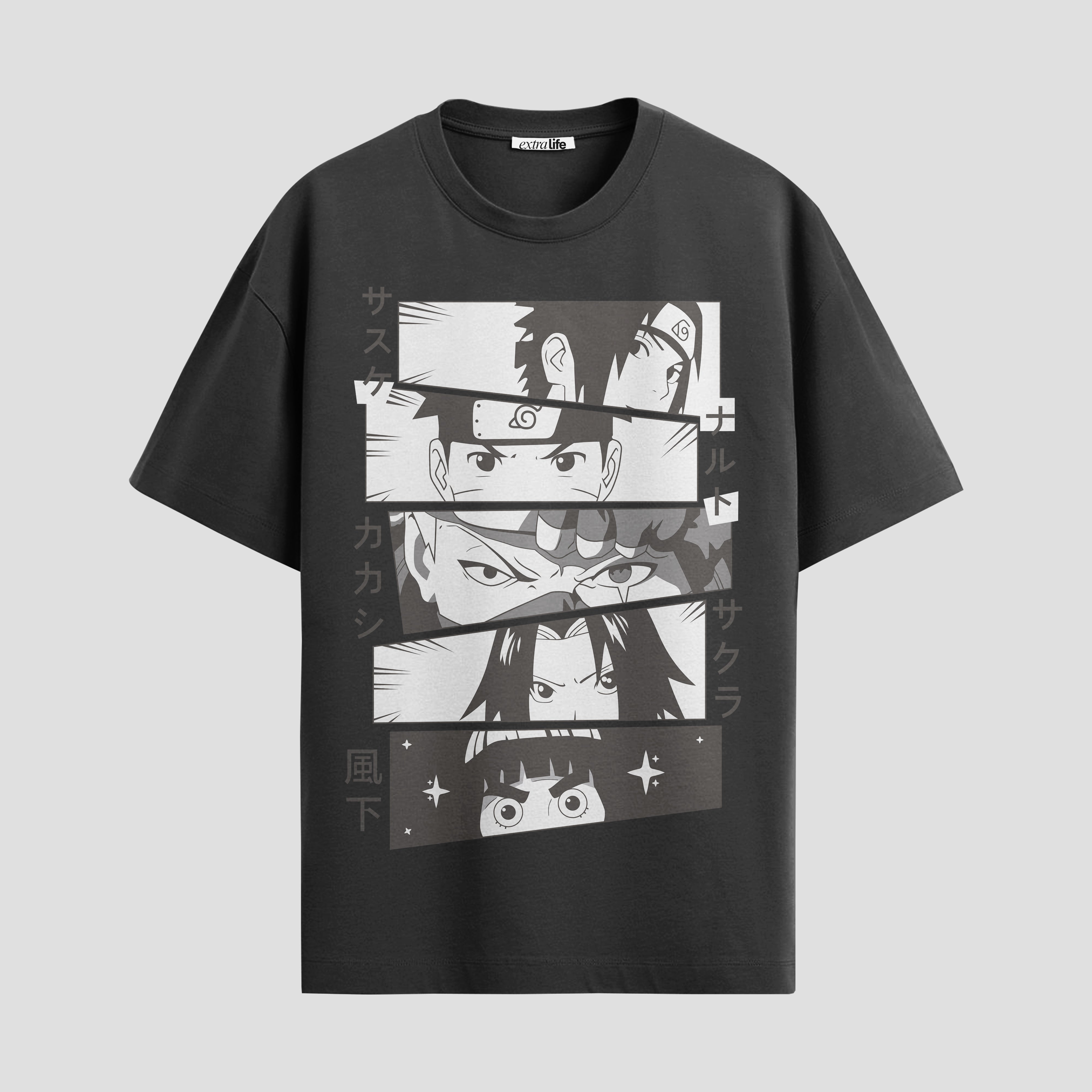 Playera urbana de anime y gaming ExtraLife MX, corte Standard Fit unisex ligero y transpirable en color Deep Black y Pure White, ropa de uso diario para gym y casual.