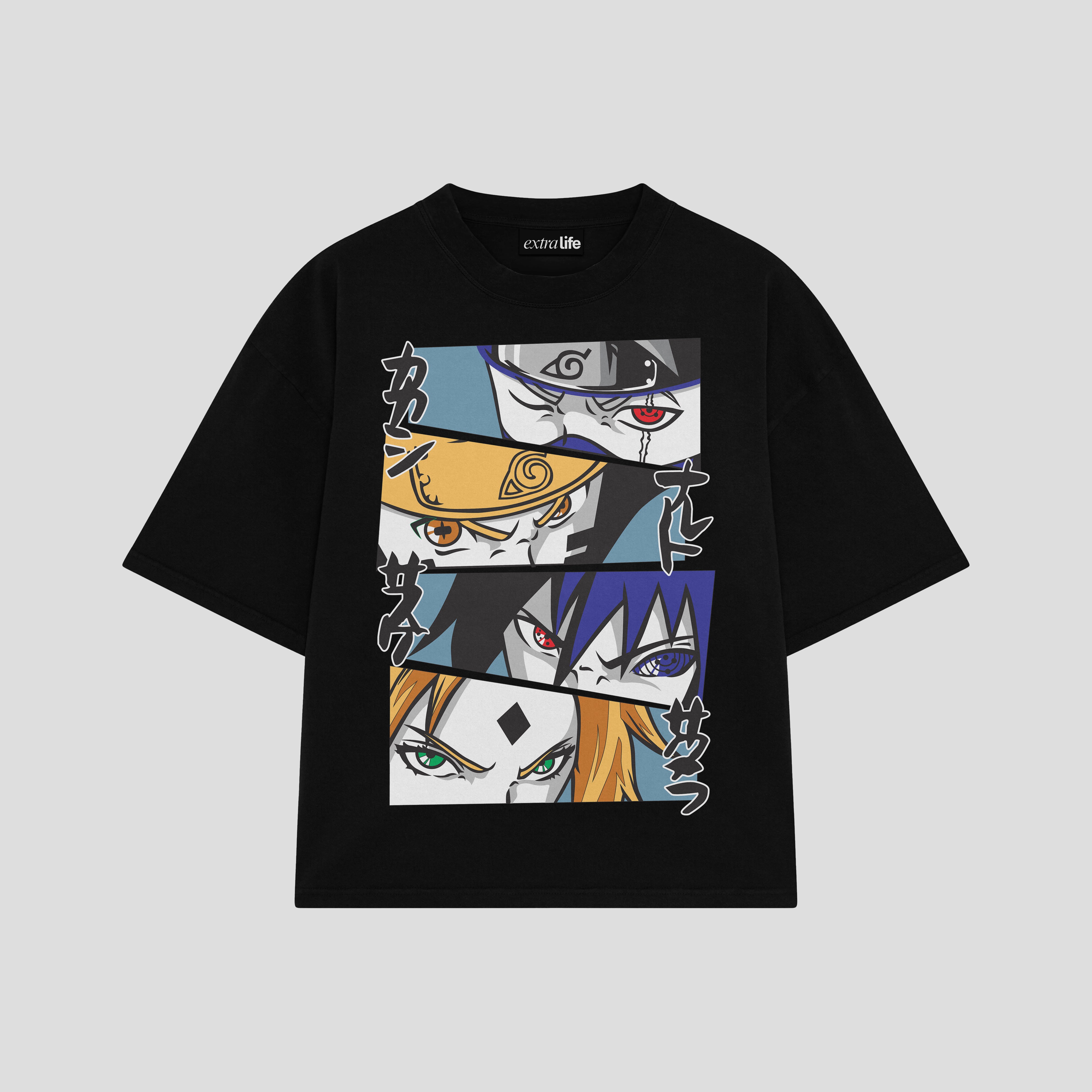 Playera streetwear premium de anime y gaming ExtraLife MX, corte boxy oversized drop shoulder heavyweight en color Deep Black y Off-White, moda urbana mexicana de culto.