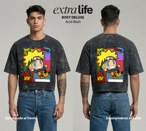 Playera streetwear premium de anime y gaming ExtraLife MX, corte boxy deluxe mineral wash heavyweight en color Acid Wash, moda urbana mexicana de culto.