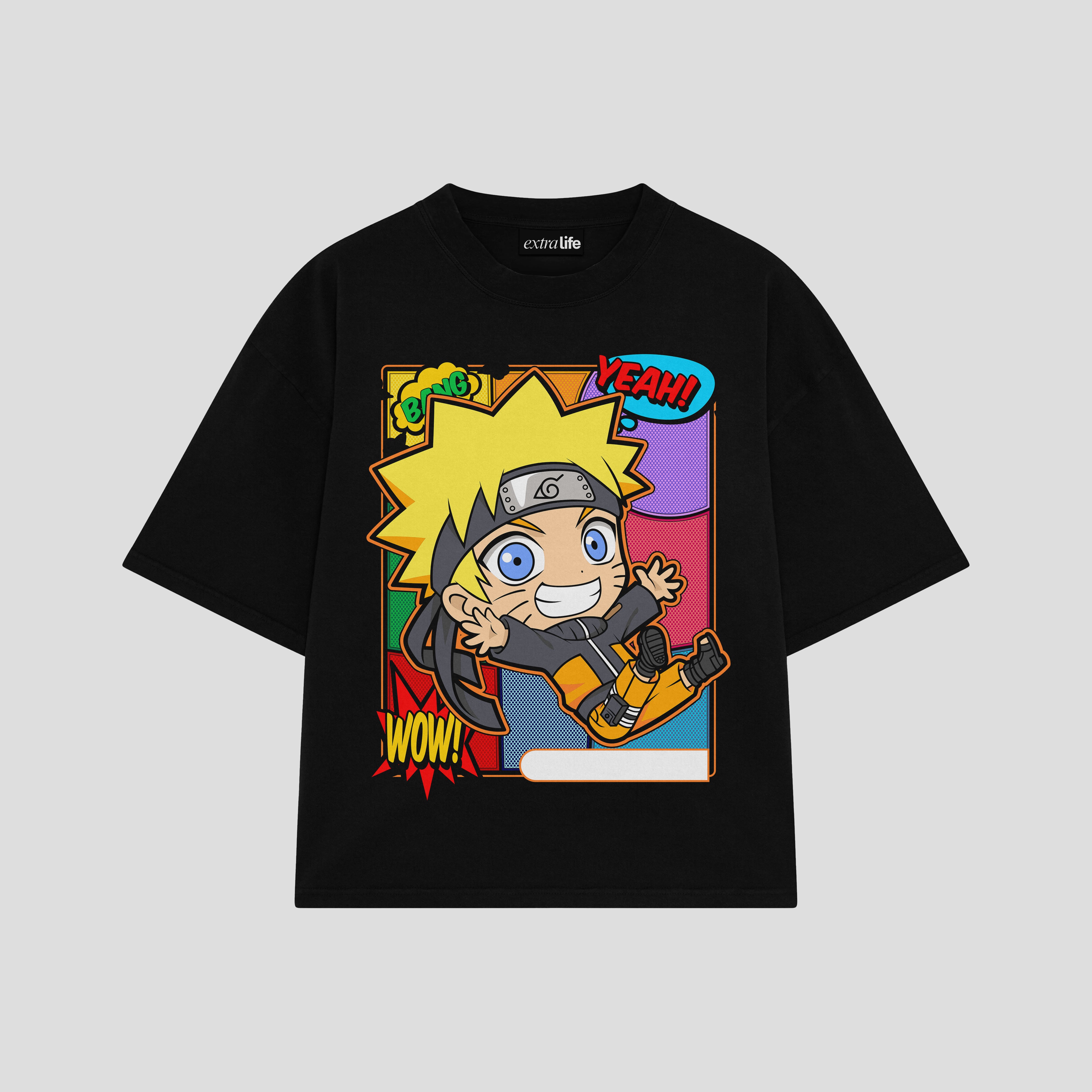 Playera streetwear premium de anime y gaming ExtraLife MX, corte boxy oversized drop shoulder heavyweight en color Deep Black y Off-White, moda urbana mexicana de culto.