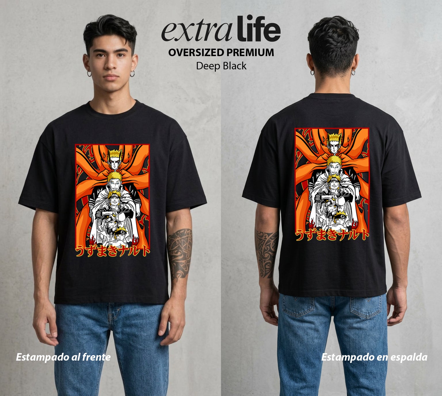 La Aldea Oculta | Zorro de Nueve Colas Evolucion #02756 - Playera Oversized Premium | Deep Black - Foto en modelo