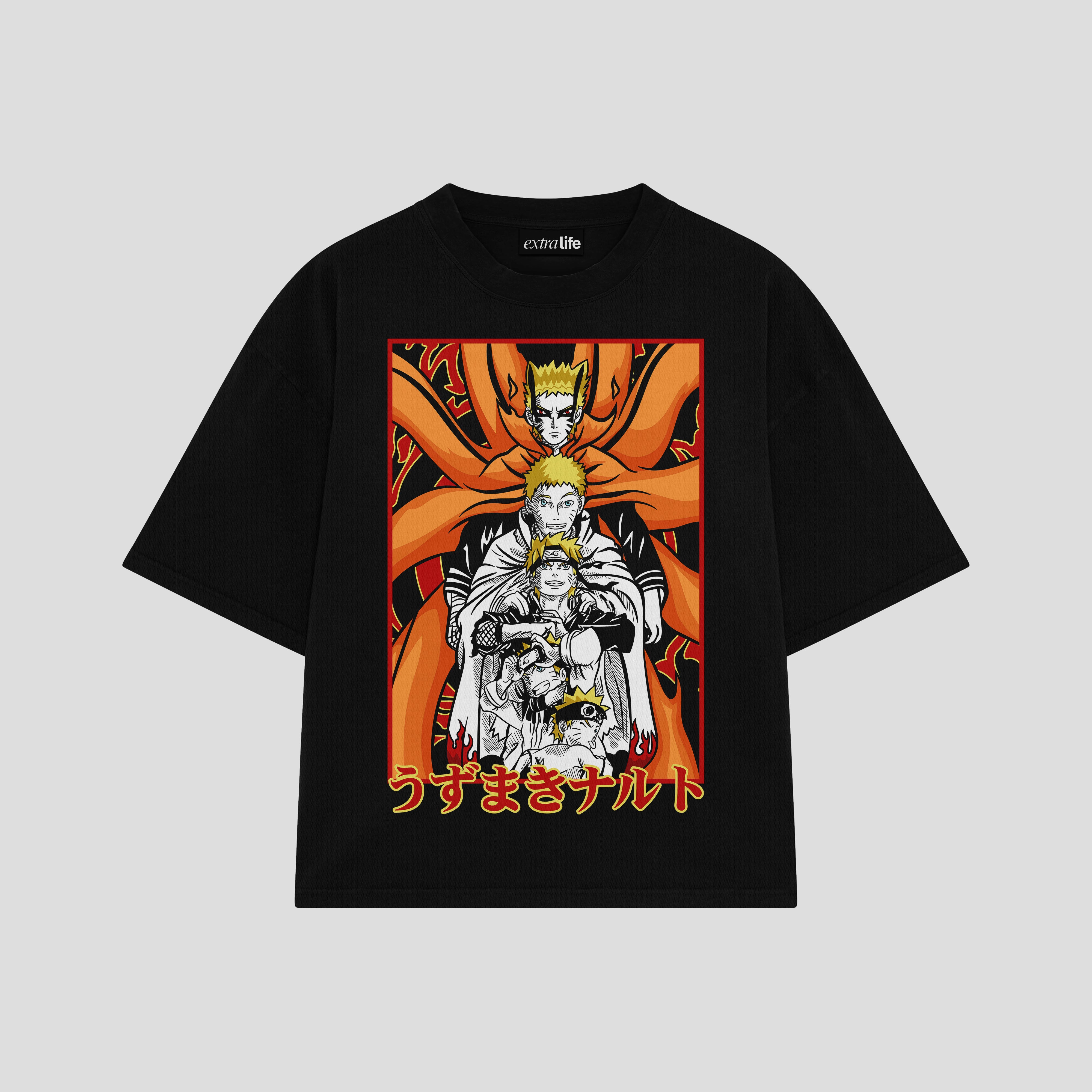 Playera streetwear premium de anime y gaming ExtraLife MX, corte boxy oversized drop shoulder heavyweight en color Deep Black y Off-White, moda urbana mexicana de culto.