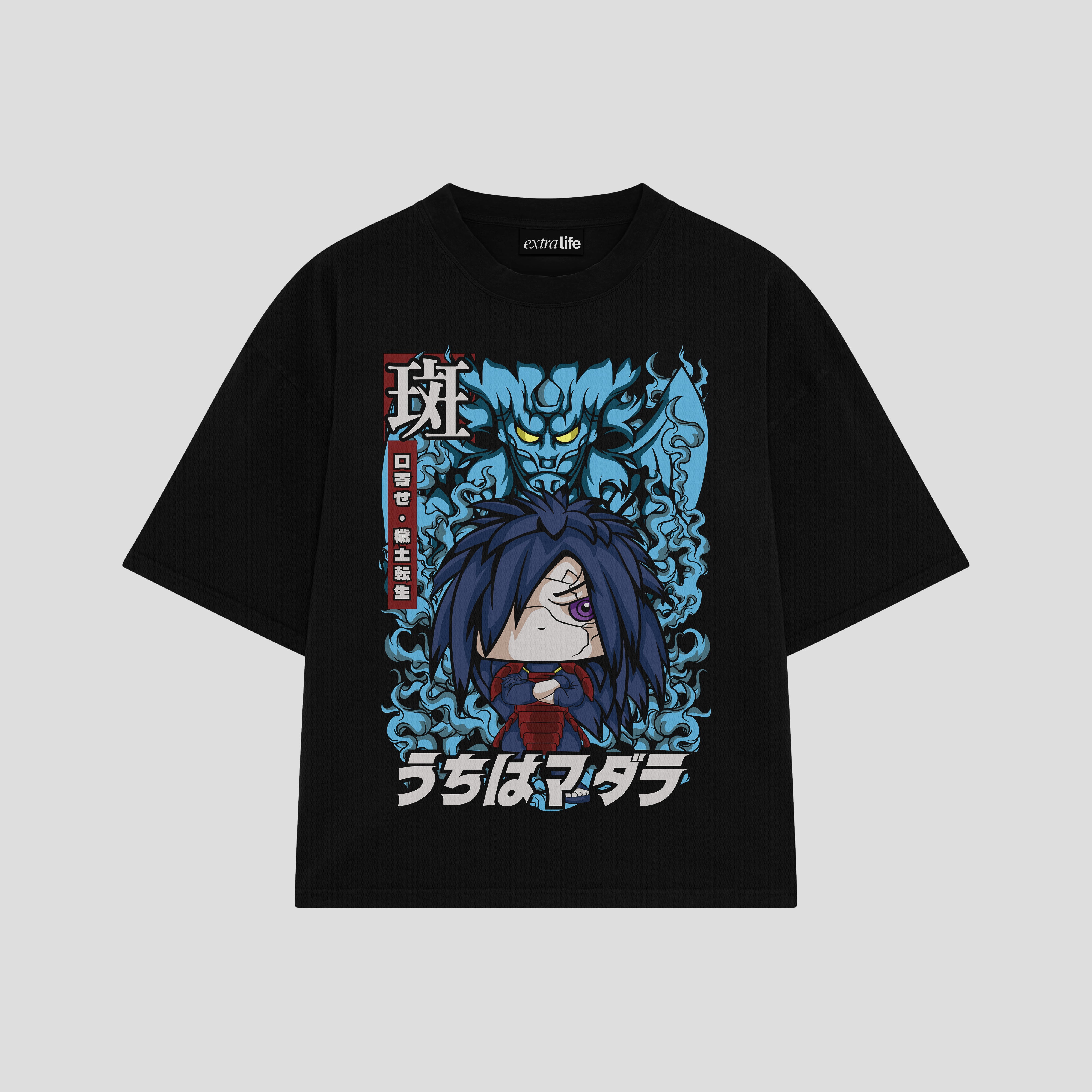 Playera streetwear premium de anime y gaming ExtraLife MX, corte boxy oversized drop shoulder heavyweight en color Deep Black y Off-White, moda urbana mexicana de culto.