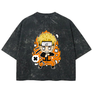 Playera streetwear premium de anime y gaming ExtraLife MX, corte boxy deluxe mineral wash heavyweight en color Acid Wash, moda urbana mexicana de culto.