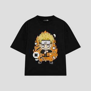Playera streetwear premium de anime y gaming ExtraLife MX, corte boxy oversized drop shoulder heavyweight en color Deep Black y Off-White, moda urbana mexicana de culto.