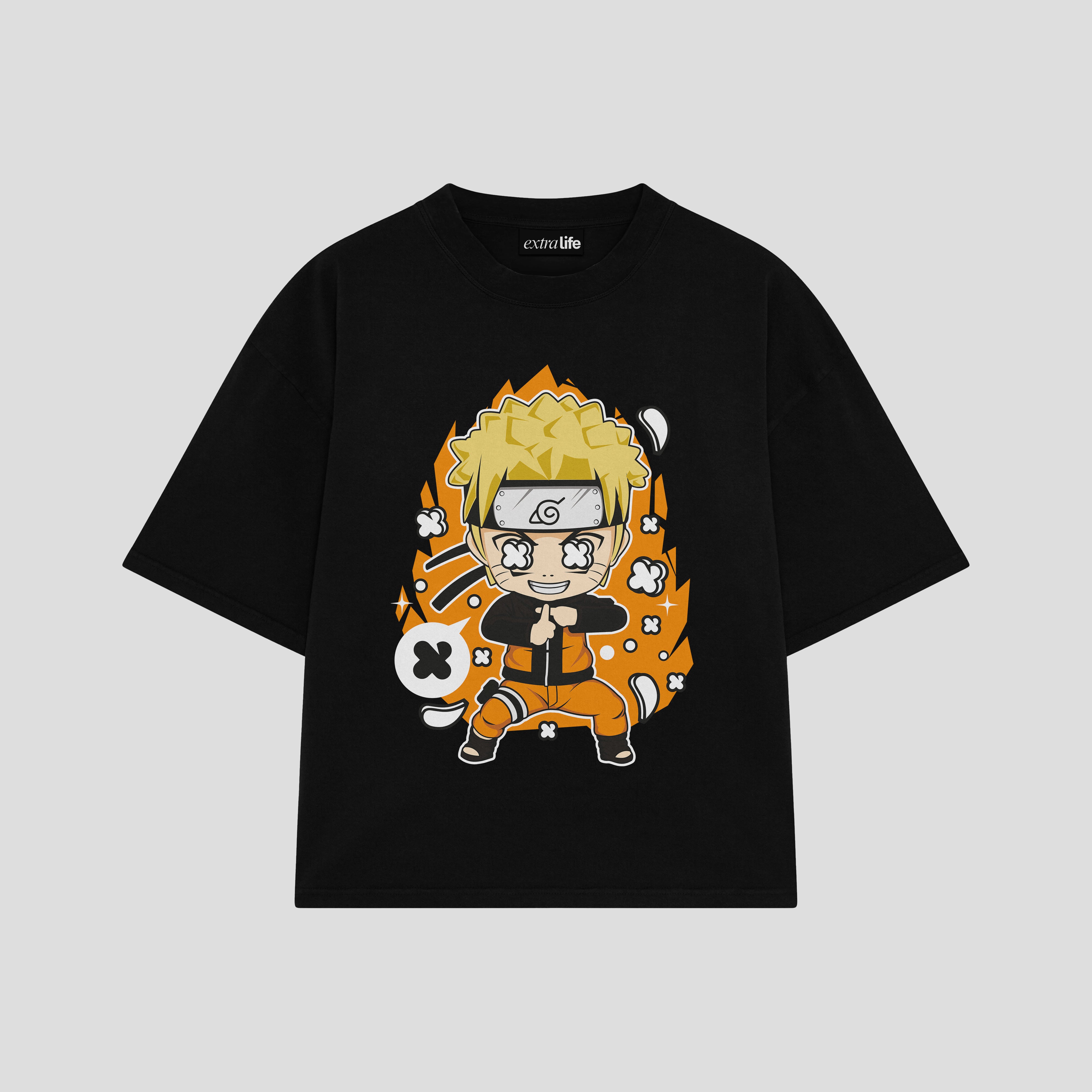 Playera streetwear premium de anime y gaming ExtraLife MX, corte boxy oversized drop shoulder heavyweight en color Deep Black y Off-White, moda urbana mexicana de culto.