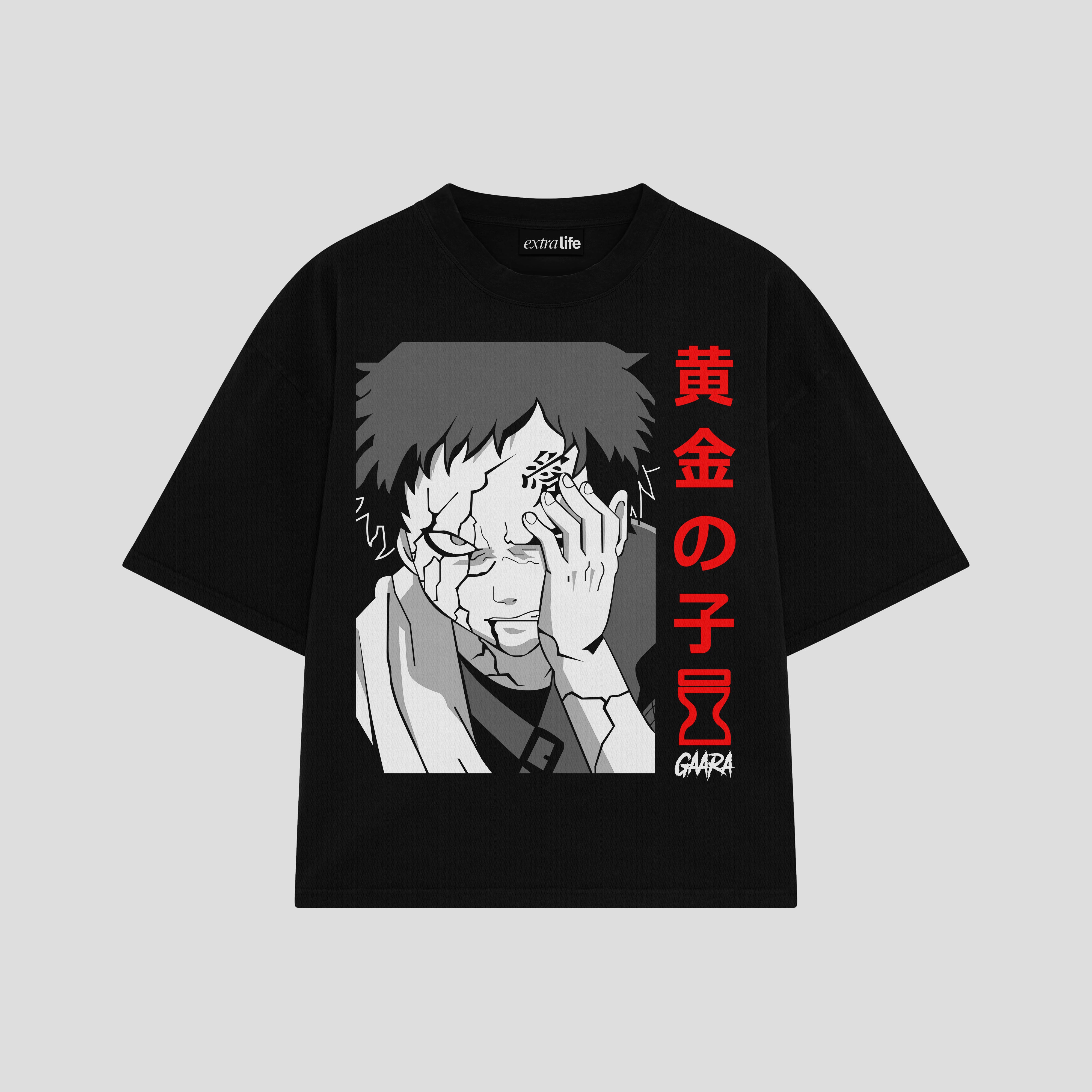 Playera streetwear premium de anime y gaming ExtraLife MX, corte boxy oversized drop shoulder heavyweight en color Deep Black y Off-White, moda urbana mexicana de culto.