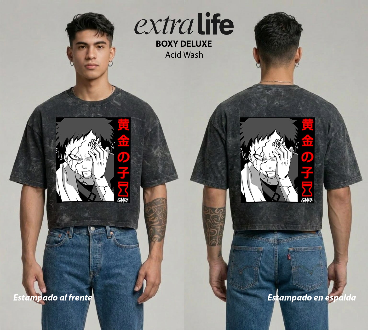 Playera streetwear premium de anime y gaming ExtraLife MX, corte boxy deluxe mineral wash heavyweight en color Acid Wash, moda urbana mexicana de culto.