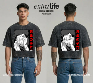Playera streetwear premium de anime y gaming ExtraLife MX, corte boxy deluxe mineral wash heavyweight en color Acid Wash, moda urbana mexicana de culto.