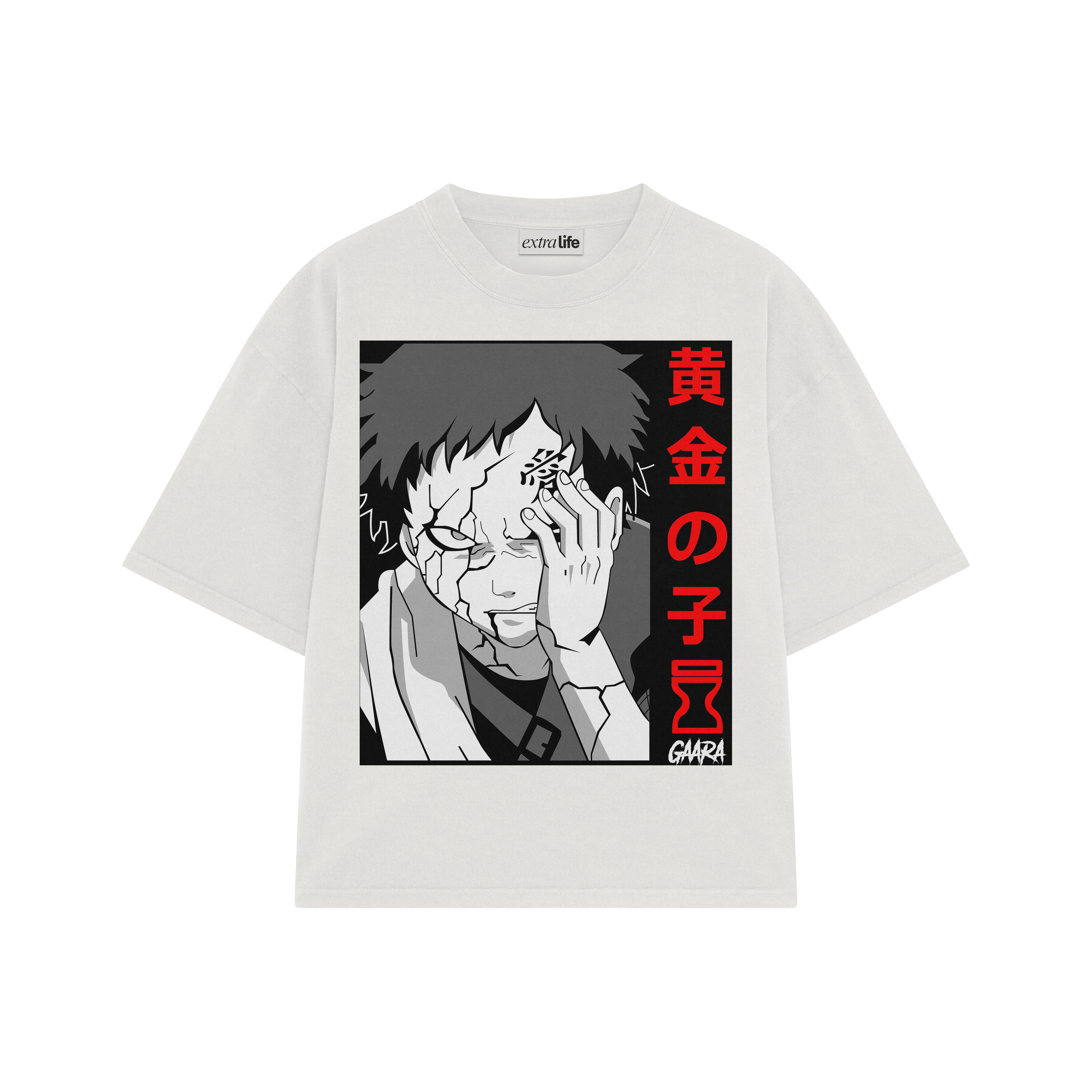 Playera streetwear premium de anime y gaming ExtraLife MX, corte boxy oversized drop shoulder heavyweight en color Deep Black y Off-White, moda urbana mexicana de culto.