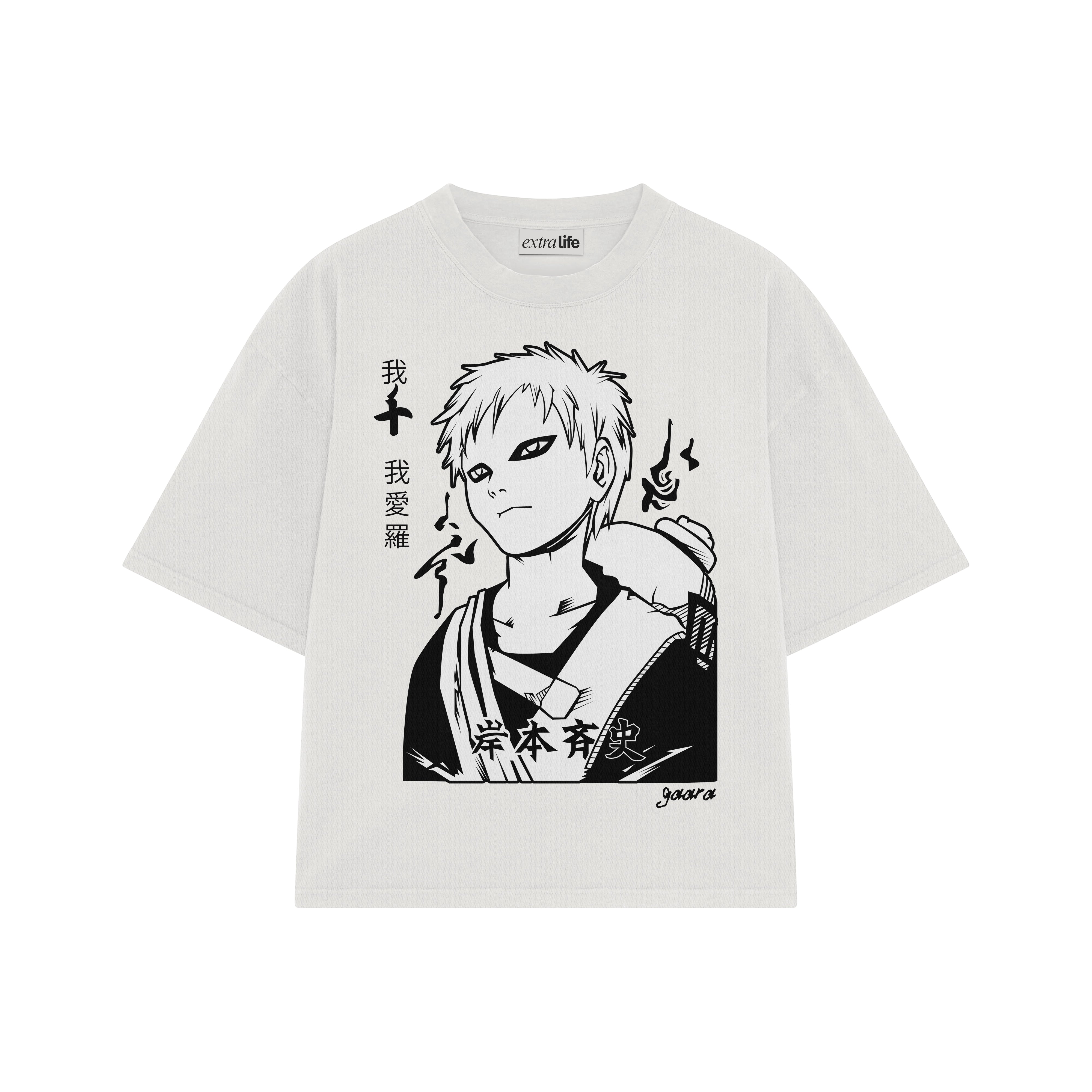 Playera streetwear premium de anime y gaming ExtraLife MX, corte boxy oversized drop shoulder heavyweight en color Deep Black y Off-White, moda urbana mexicana de culto.
