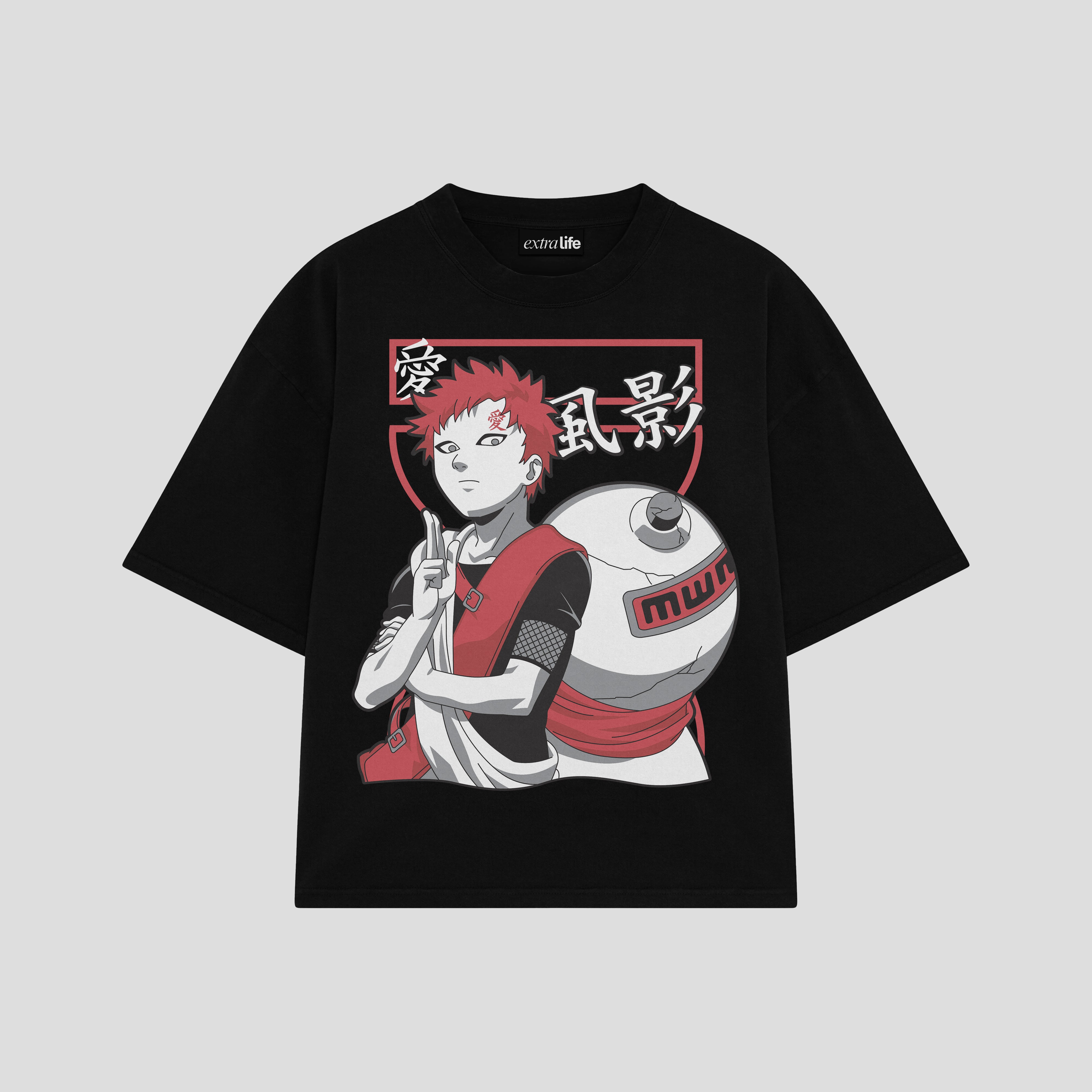 Playera streetwear premium de anime y gaming ExtraLife MX, corte boxy oversized drop shoulder heavyweight en color Deep Black y Off-White, moda urbana mexicana de culto.