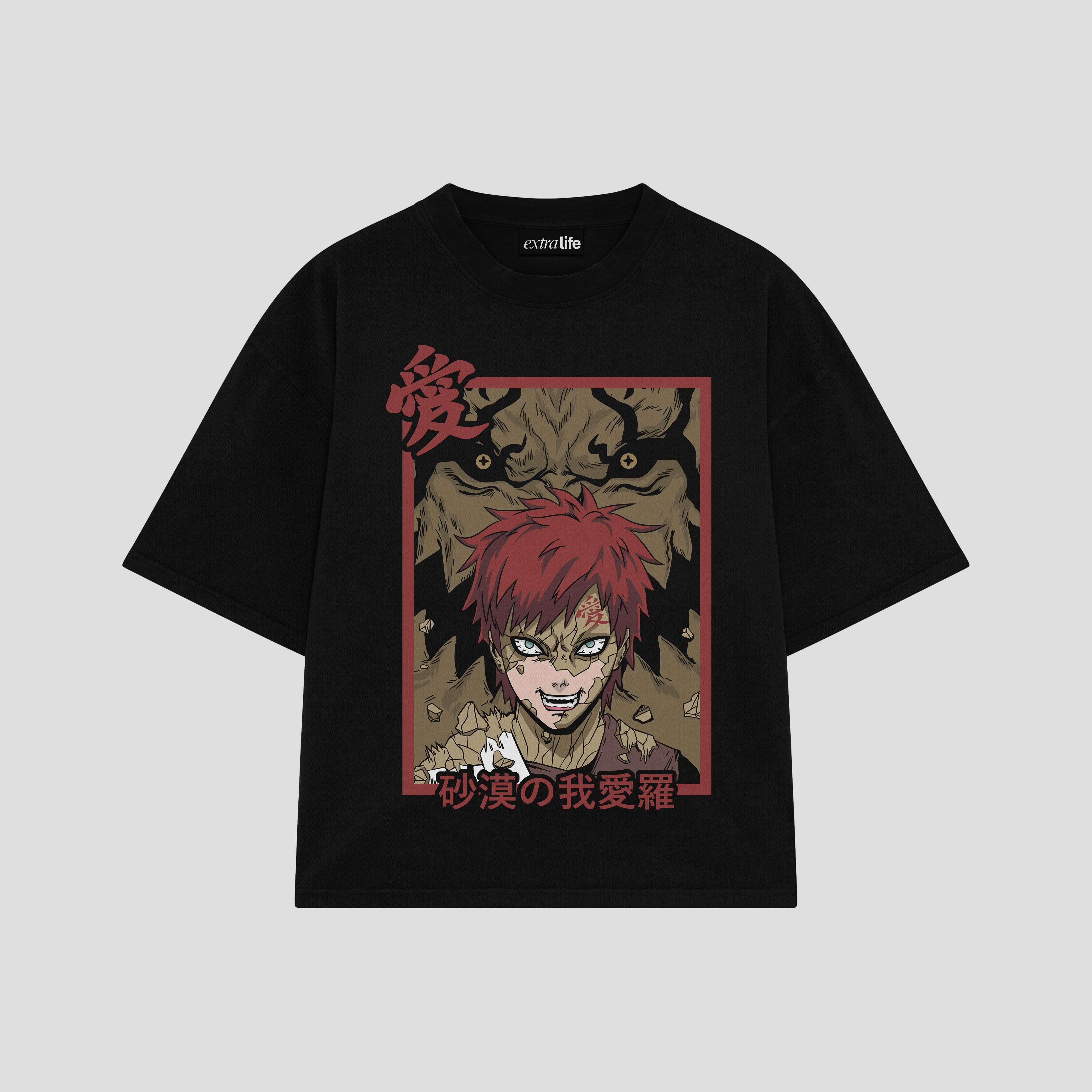 Playera streetwear premium de anime y gaming ExtraLife MX, corte boxy oversized drop shoulder heavyweight en color Deep Black y Off-White, moda urbana mexicana de culto.