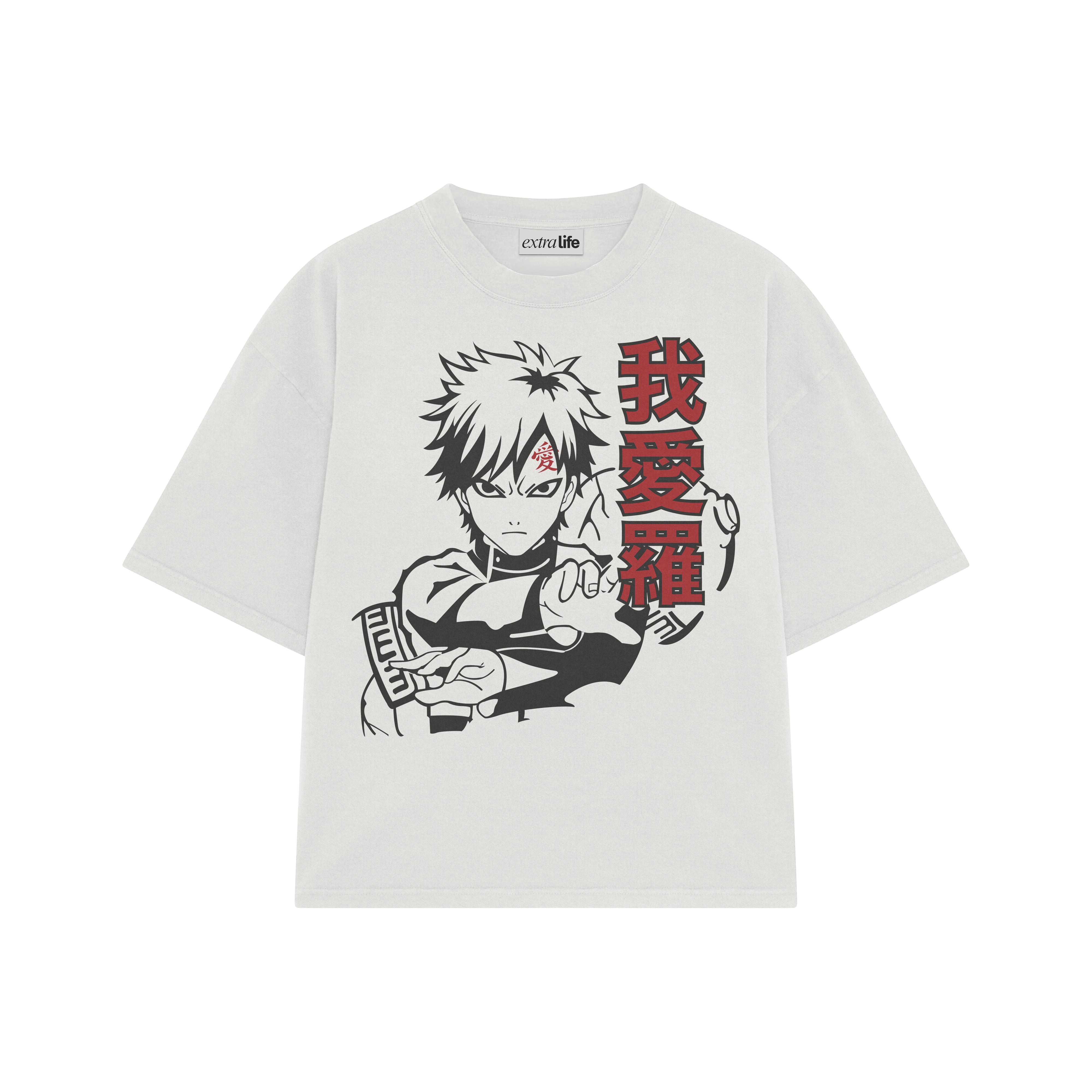 Playera streetwear premium de anime y gaming ExtraLife MX, corte boxy oversized drop shoulder heavyweight en color Deep Black y Off-White, moda urbana mexicana de culto.