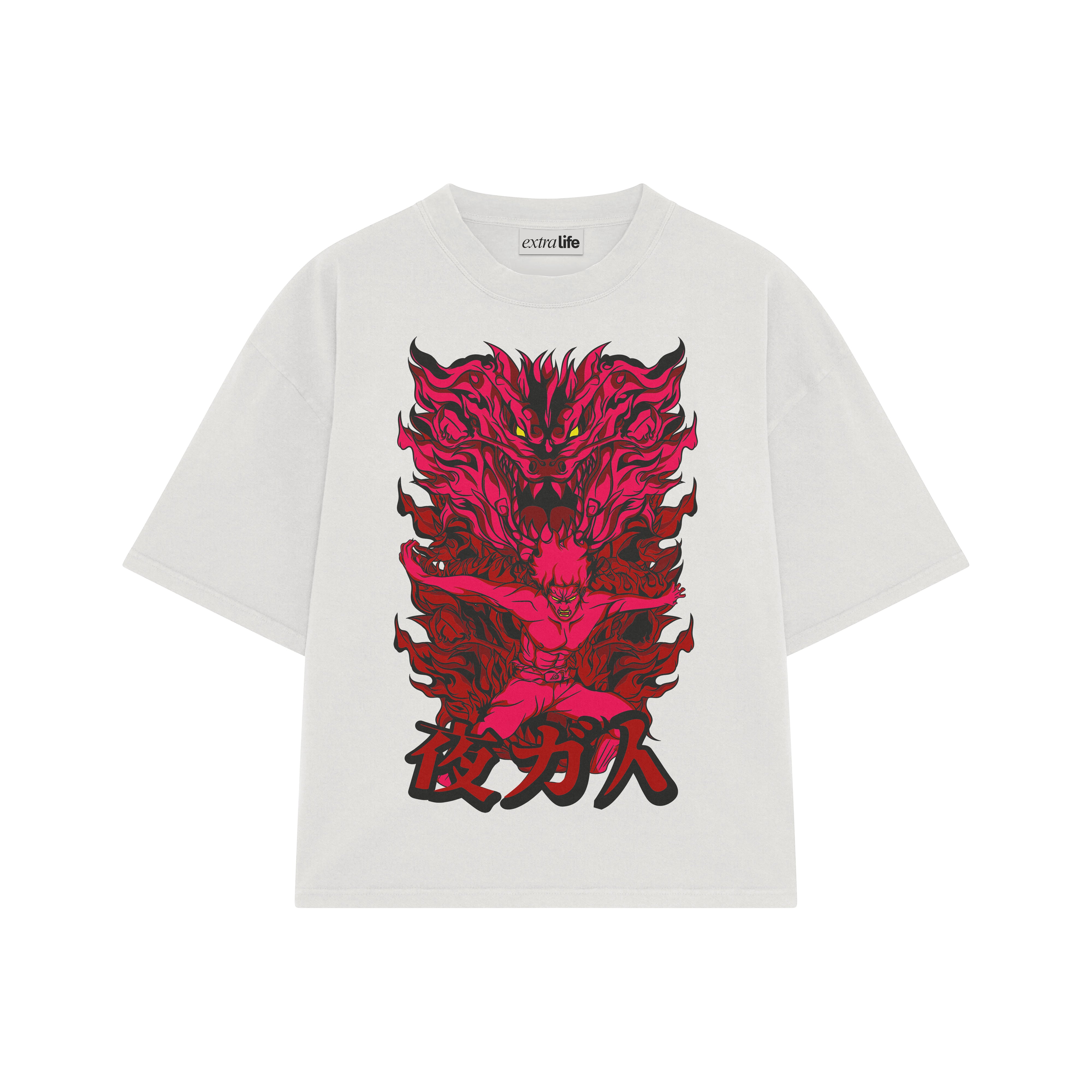 Playera streetwear premium de anime y gaming ExtraLife MX, corte boxy oversized drop shoulder heavyweight en color Deep Black y Off-White, moda urbana mexicana de culto.