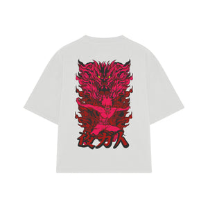 Playera streetwear premium de anime y gaming ExtraLife MX, corte boxy oversized drop shoulder heavyweight en color Deep Black y Off-White, moda urbana mexicana de culto.