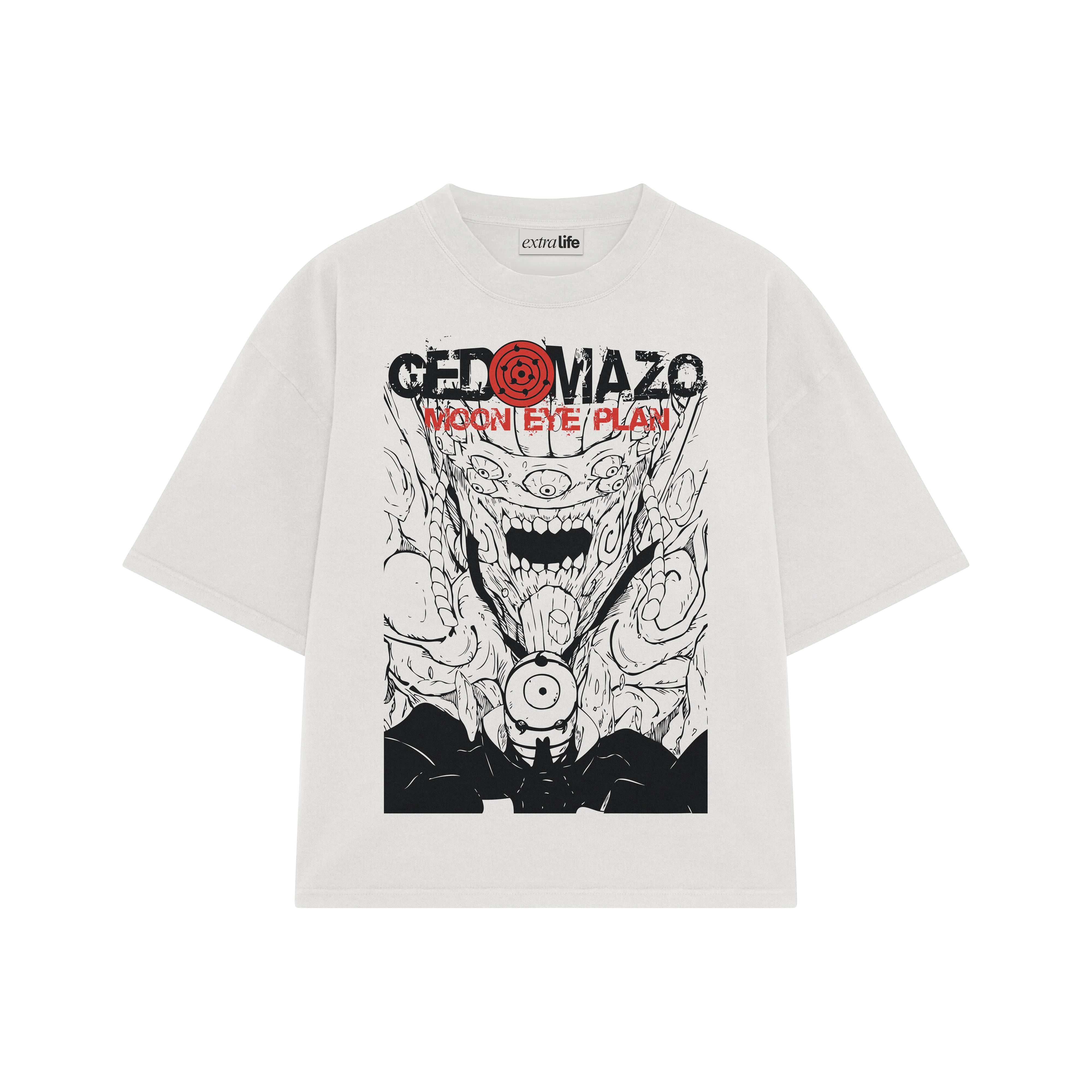 Playera streetwear premium de anime y gaming ExtraLife MX, corte boxy oversized drop shoulder heavyweight en color Deep Black y Off-White, moda urbana mexicana de culto.