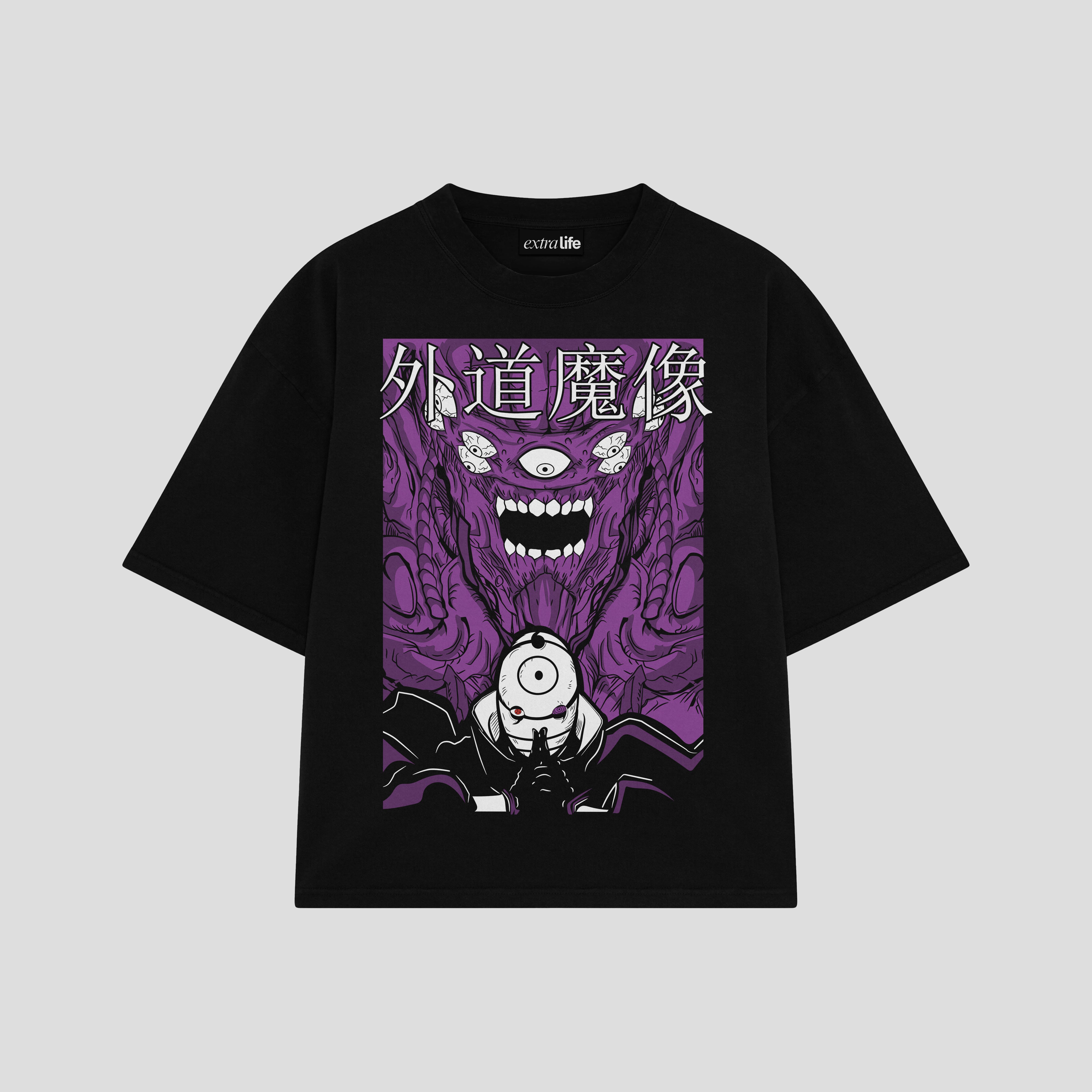 Playera streetwear premium de anime y gaming ExtraLife MX, corte boxy oversized drop shoulder heavyweight en color Deep Black y Off-White, moda urbana mexicana de culto.