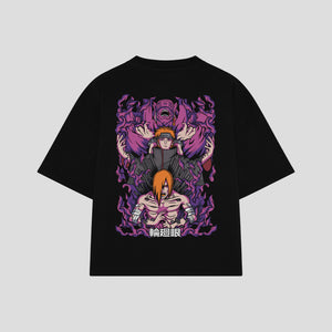 Playera streetwear premium de anime y gaming ExtraLife MX, corte boxy oversized drop shoulder heavyweight en color Deep Black y Off-White, moda urbana mexicana de culto.