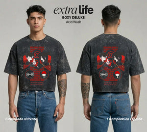 Playera streetwear premium de anime y gaming ExtraLife MX, corte boxy deluxe mineral wash heavyweight en color Acid Wash, moda urbana mexicana de culto.