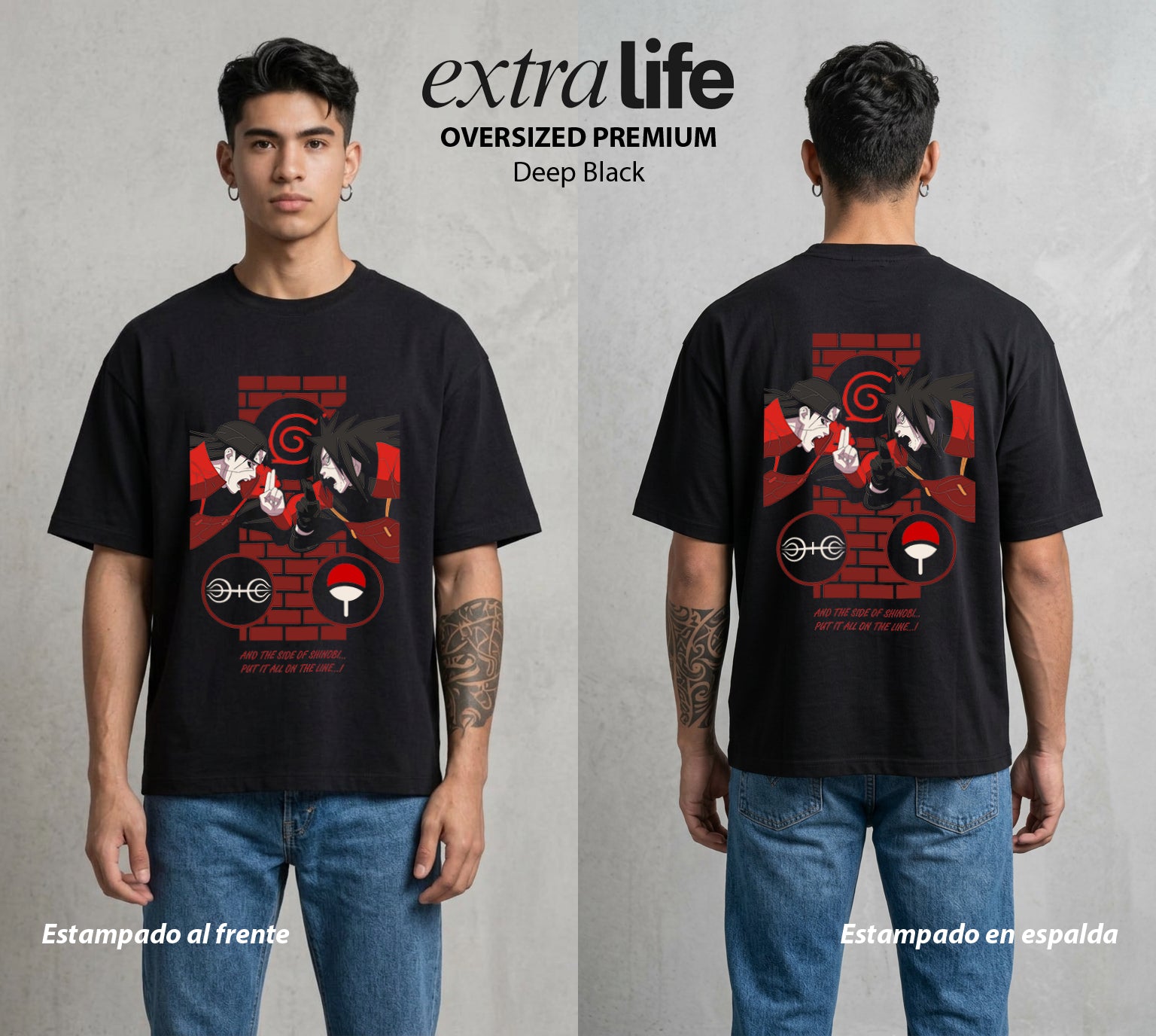 La Aldea Oculta | Zorro de Nueve Colas #02775 - Playera Oversized Premium | Deep Black - Foto en modelo