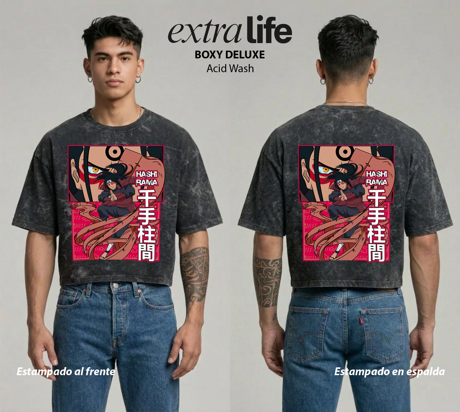 Playera streetwear premium de anime y gaming ExtraLife MX, corte boxy deluxe mineral wash heavyweight en color Acid Wash, moda urbana mexicana de culto.