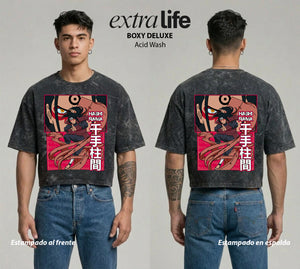 Playera streetwear premium de anime y gaming ExtraLife MX, corte boxy deluxe mineral wash heavyweight en color Acid Wash, moda urbana mexicana de culto.