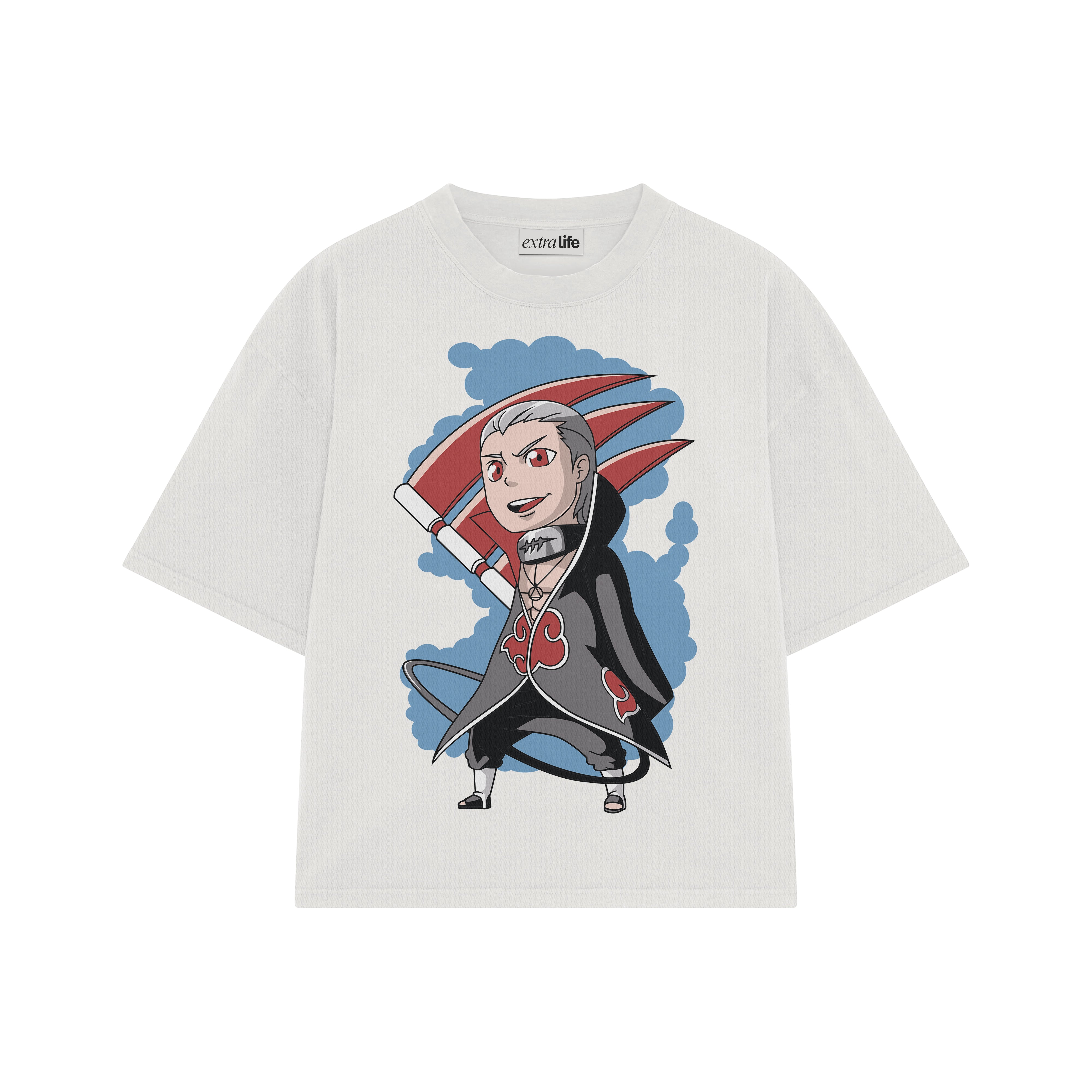 Playera streetwear premium de anime y gaming ExtraLife MX, corte boxy oversized drop shoulder heavyweight en color Deep Black y Off-White, moda urbana mexicana de culto.