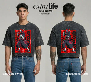 Playera streetwear premium de anime y gaming ExtraLife MX, corte boxy deluxe mineral wash heavyweight en color Acid Wash, moda urbana mexicana de culto.