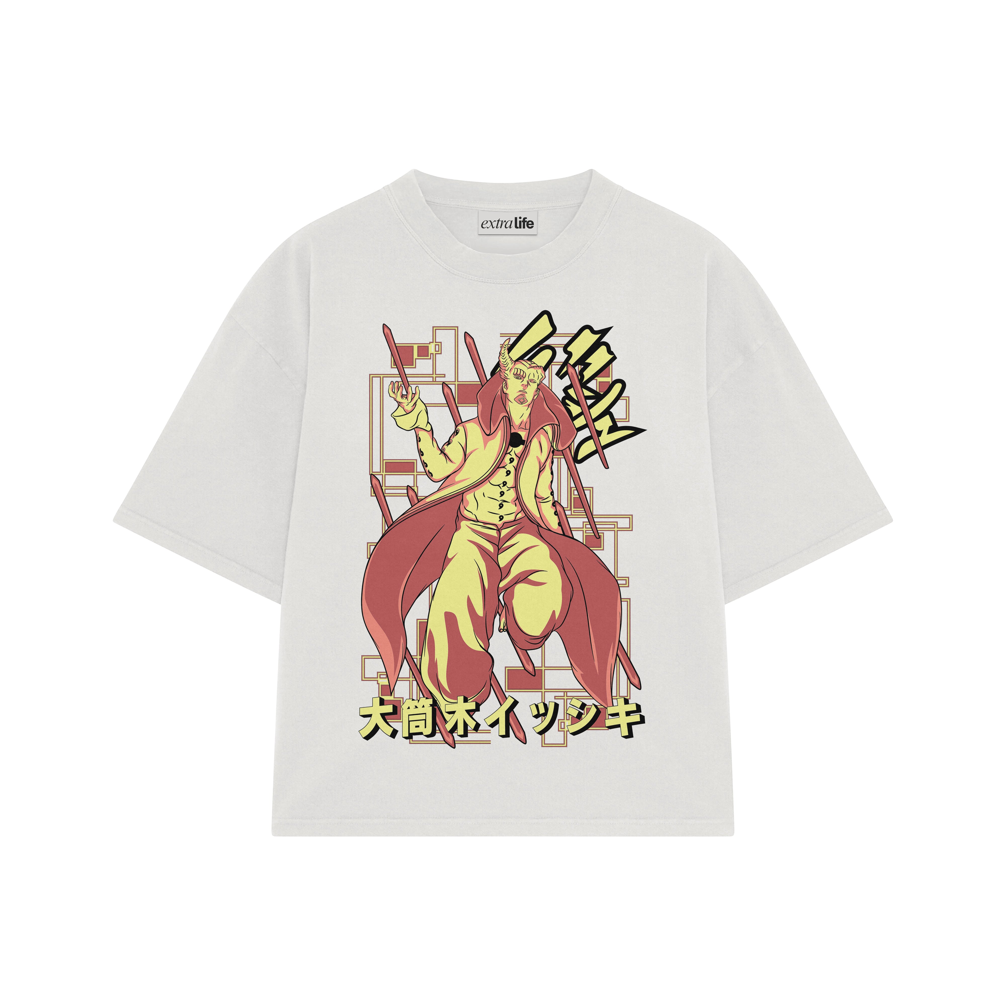 Playera streetwear premium de anime y gaming ExtraLife MX, corte boxy oversized drop shoulder heavyweight en color Deep Black y Off-White, moda urbana mexicana de culto.