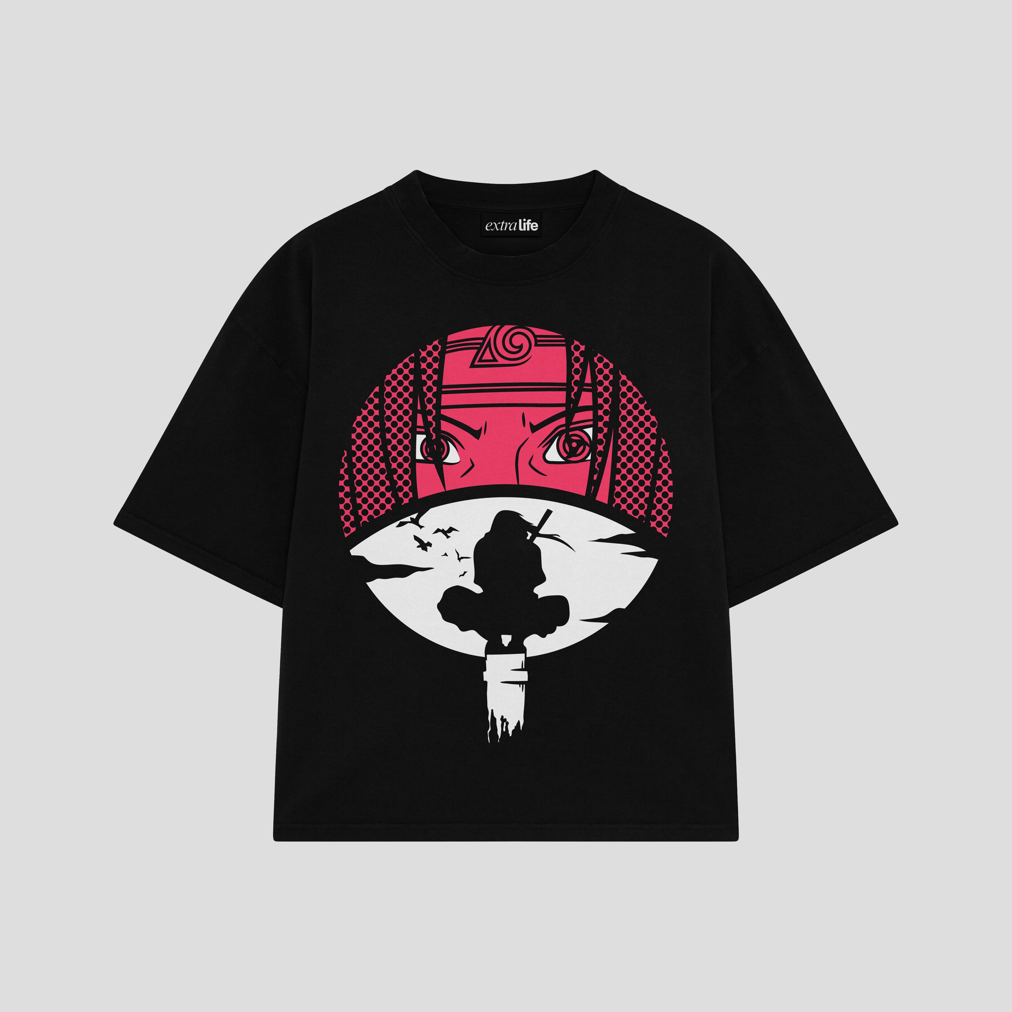 Playera streetwear premium de anime y gaming ExtraLife MX, corte boxy oversized drop shoulder heavyweight en color Deep Black y Off-White, moda urbana mexicana de culto.